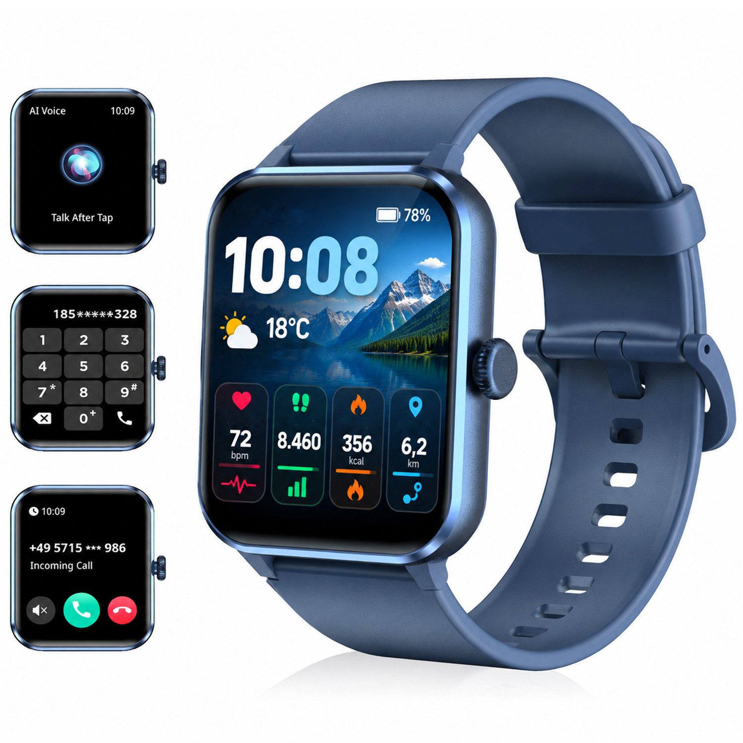 blackview Smartwatch Damen Herren mit 5 Tagen Akkulaufzeit,1,85" HD Touchscreen Smartwatch (1.85 Zoll, iOS/Android), mit Wechselband aus weichemSilikon und Ladekabel, KI-Sprachassistent, Herzfrequenz,SpO₂,Schlaf,100+ Sportmodi, 2 Armband