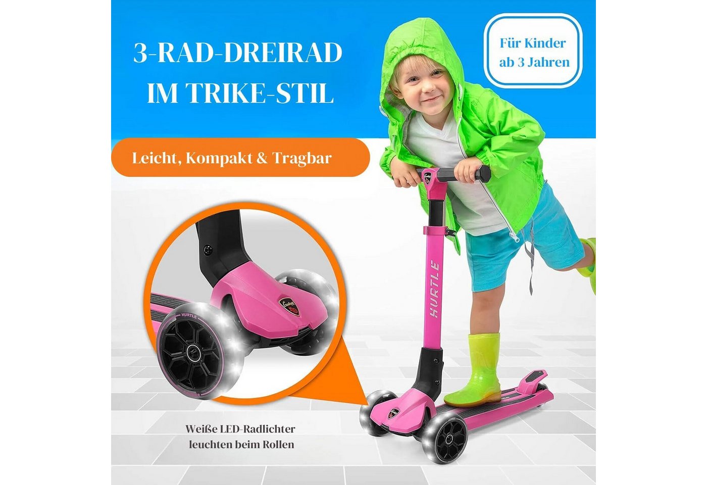 Thumbnail - Pyle Cityroller Faltbarer 3-Rad-Roller für Kinder ab 3 Jahren – bis 50 kg, Höhenverstellbar, LED-Räder, rutschfest – Cit...