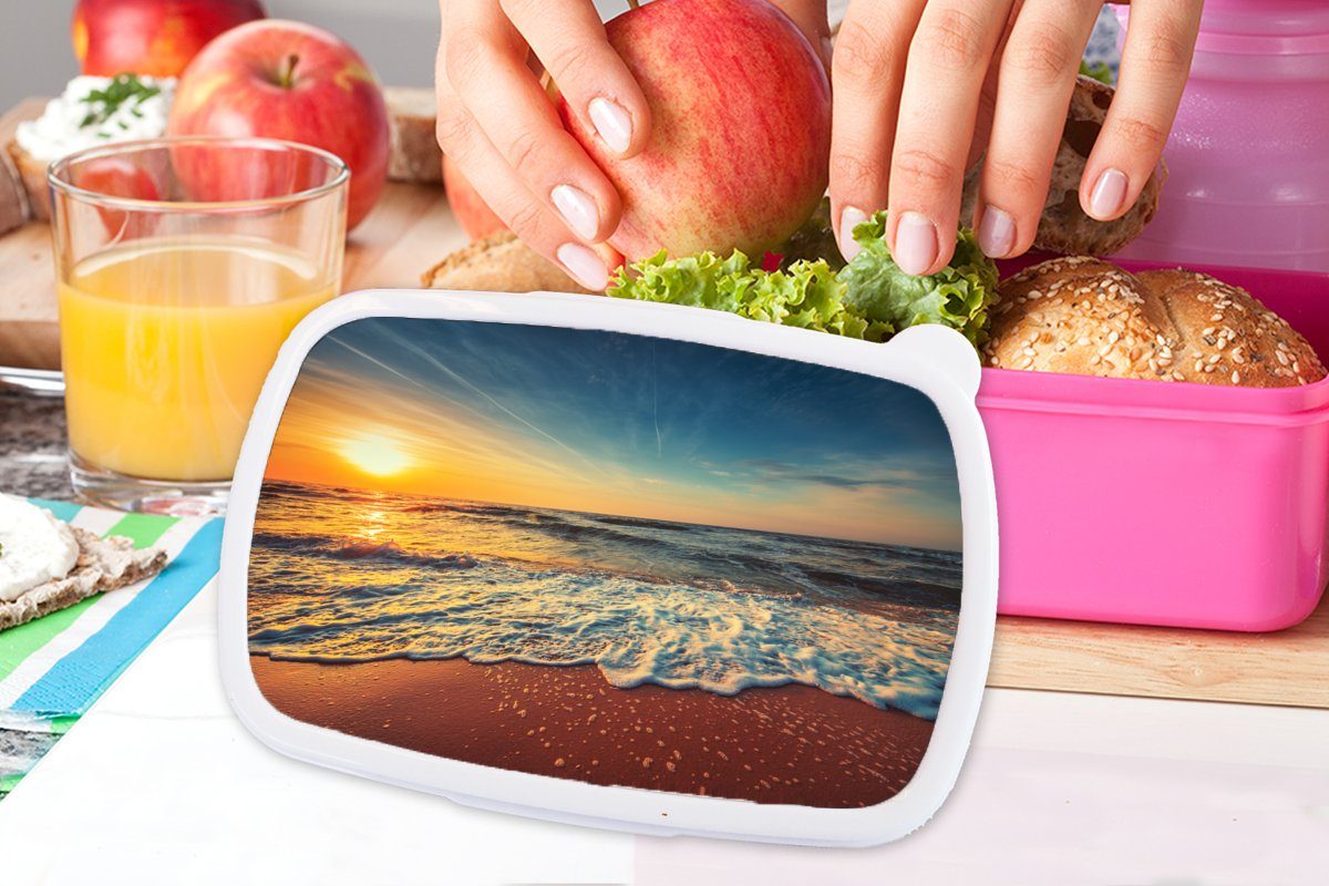 MuchoWow Lunchbox Mädchen, Brotbox Kunststoff Sonnenuntergang - Erwachsene, Kinder, - Strand Brotdose Meer Kunststoff, Snackbox, rosa Gold, (2-tlg), - für