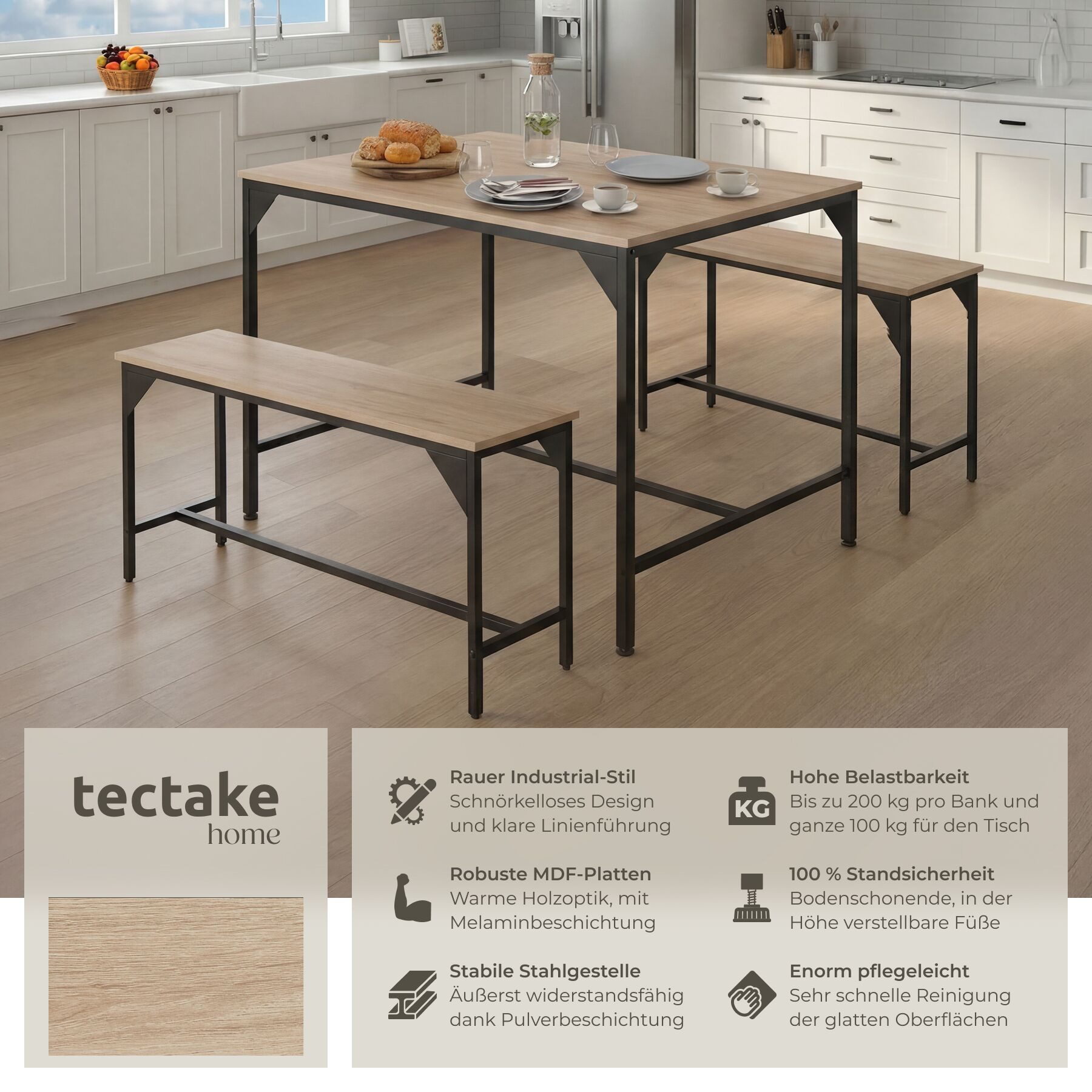 tectake Sitzgruppe Essgruppe 3-teilig, mit höhenverstellbaren Kunststofffüßen, (Loungeset Bolton, 3-tlg., in Industrial Holz hell, Eiche Sonoma), Esstisch mit 2 Sitzbänken, Industrial Style, Holz und Stahl
