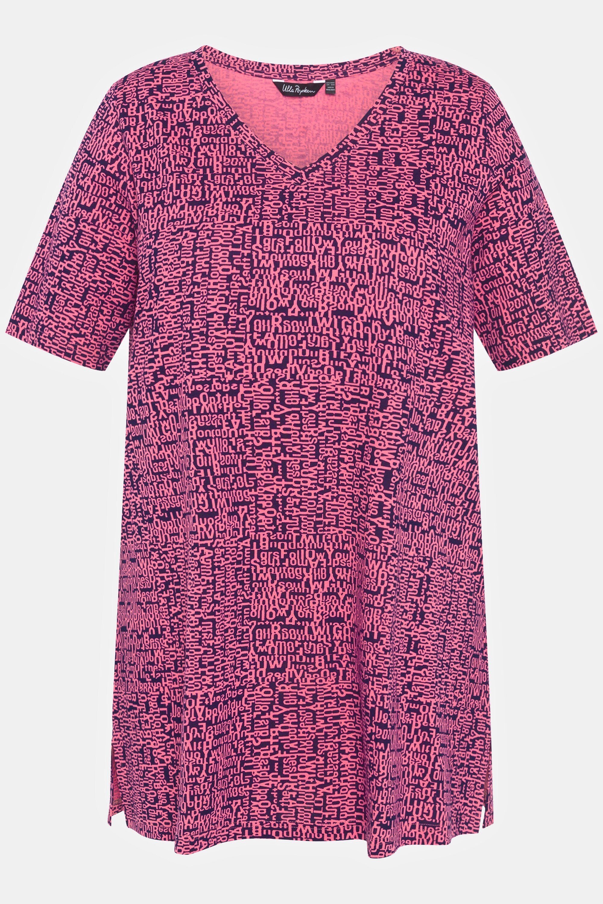 A-Linie Ulla gemustert Rundhalsshirt Popken rosa V-Ausschnitt T-Shirt Halbarm