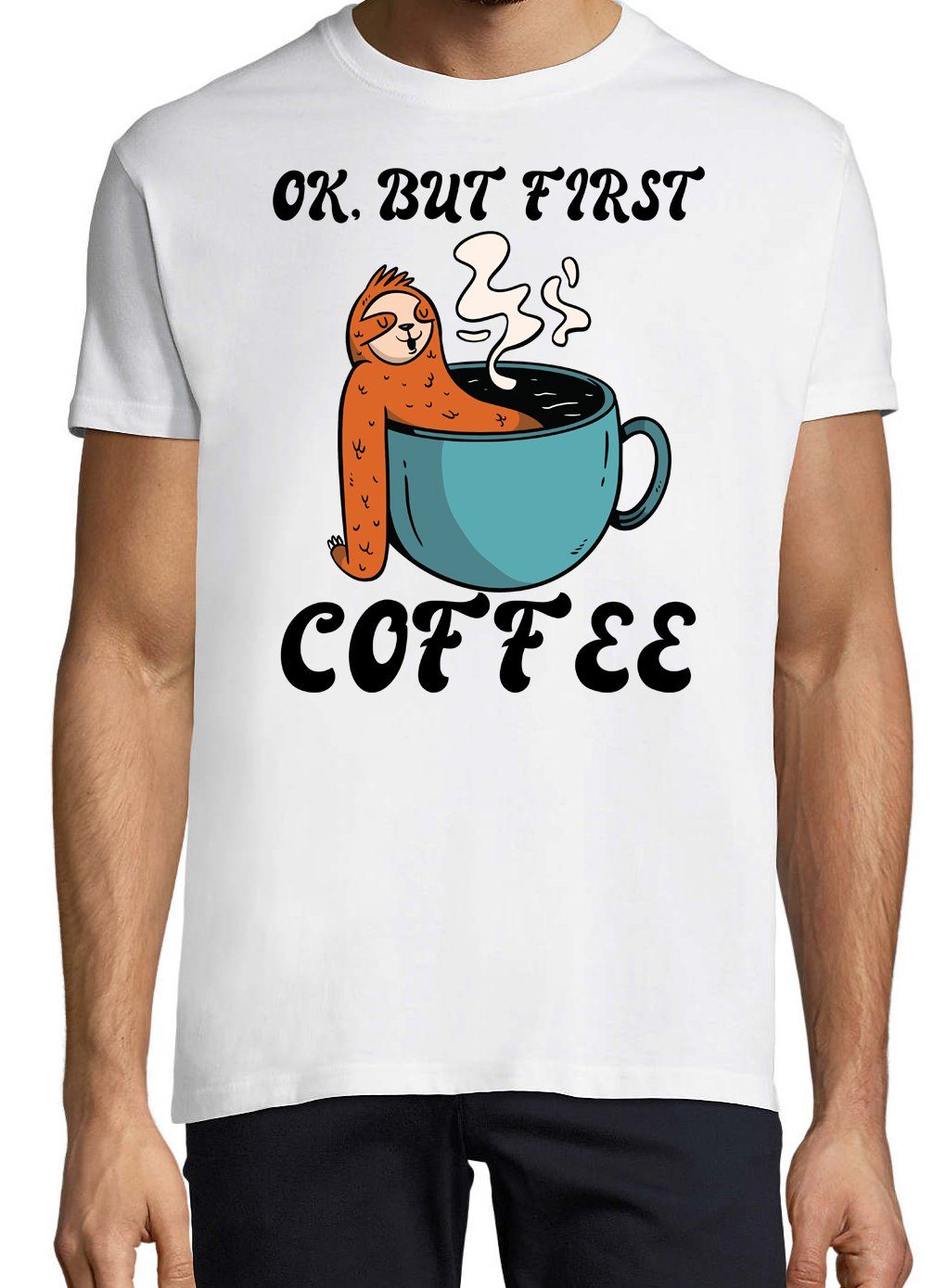 Herren But T-Shirt Coffee mit Frontdruck Youth Trendigem Designz Faultier, Shirt First Weiss