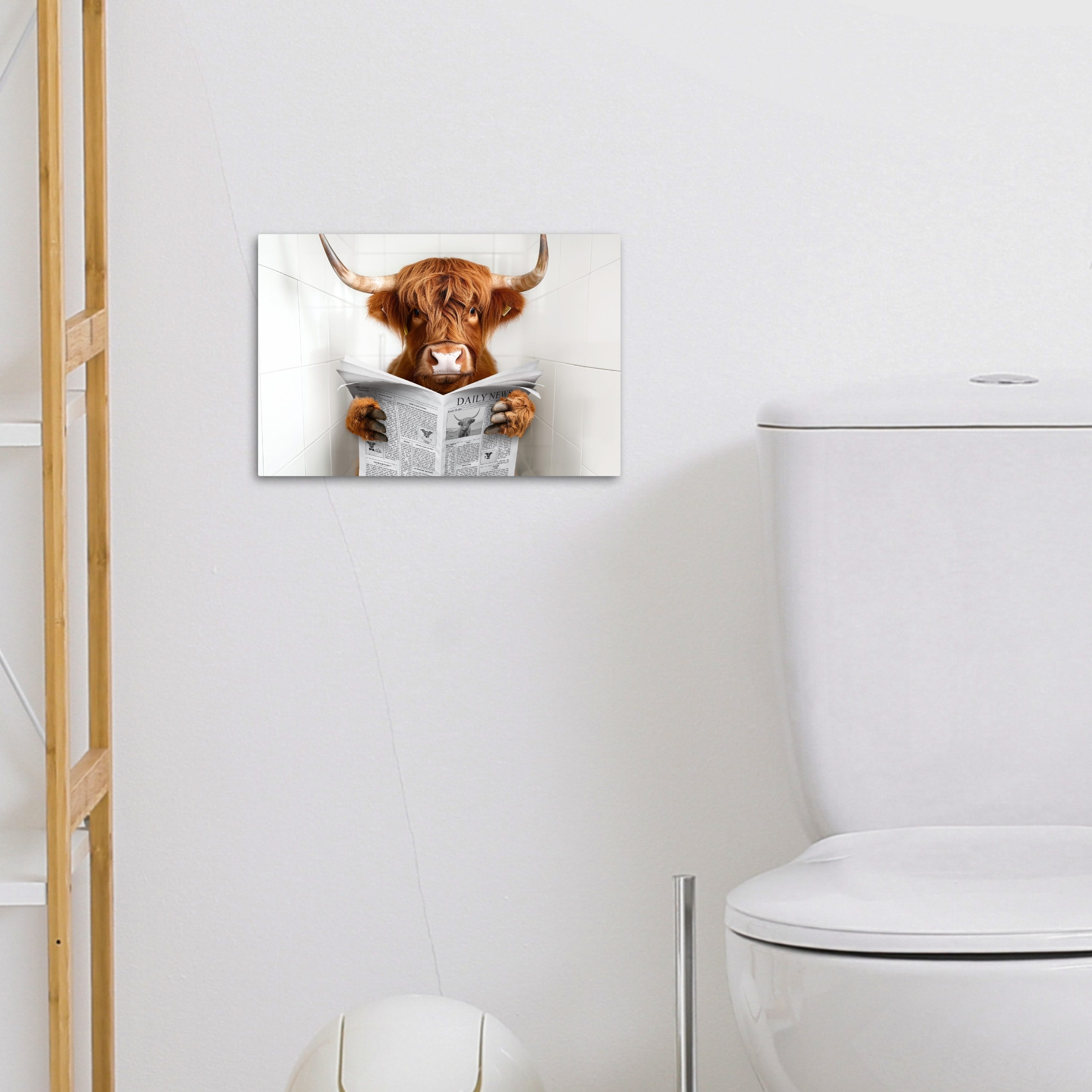 OneMillionCanvasses® Leinwandbild Hochlandbewohner - Tier - Zeitung - Toilette, Fotodruck (1 St), Bilder für Badezimmer, Bad und Toiletten Deko, Bild WC 30x20 c – Bild 4 von 5