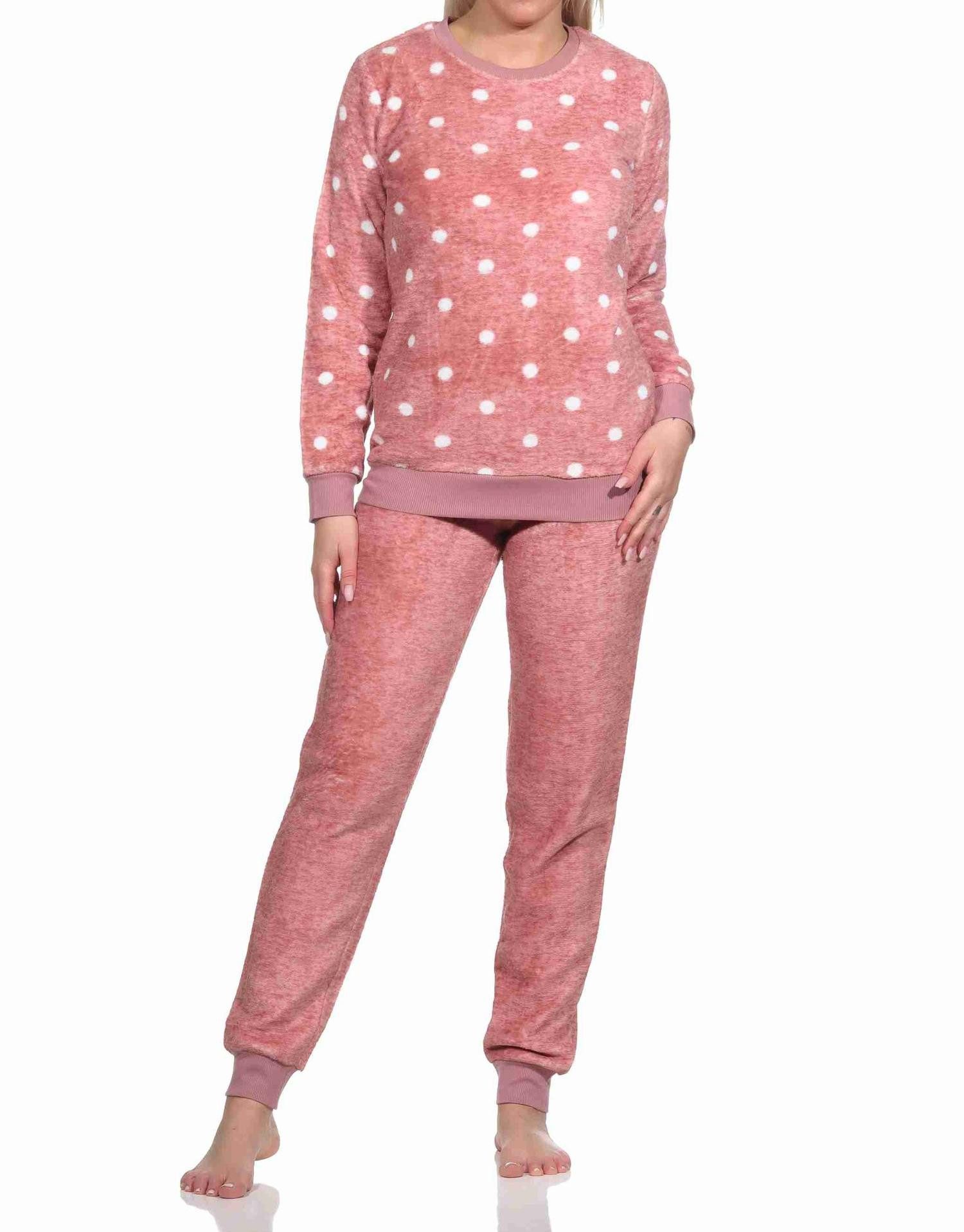 Normann Pyjama Kuschelig warmer Damen langarm Schlafanzug mit Bündchen Tupfen Optik