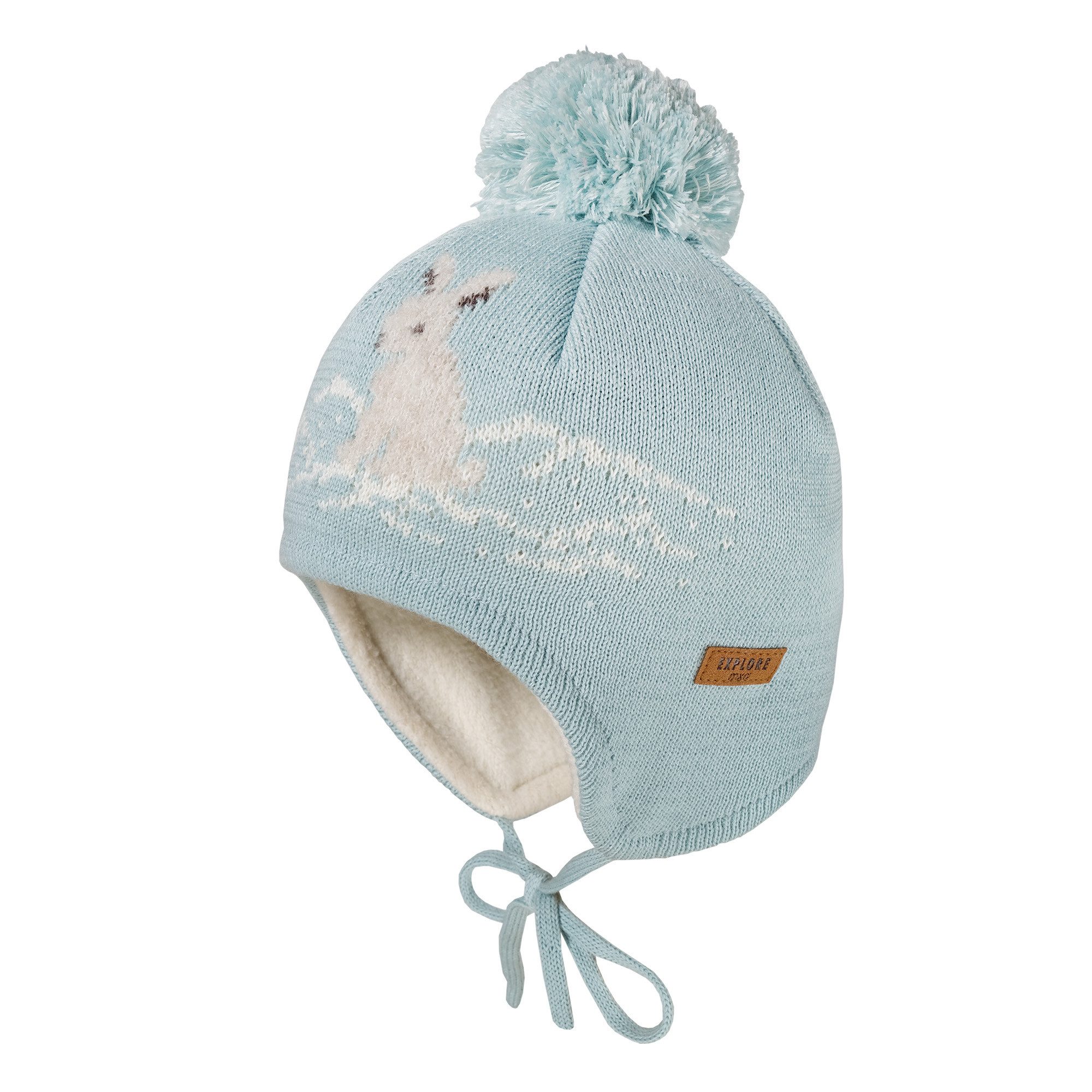 Strickmütze MINI-Mütze, ausgenäht Jacquard Schneehase, Teddyfutter