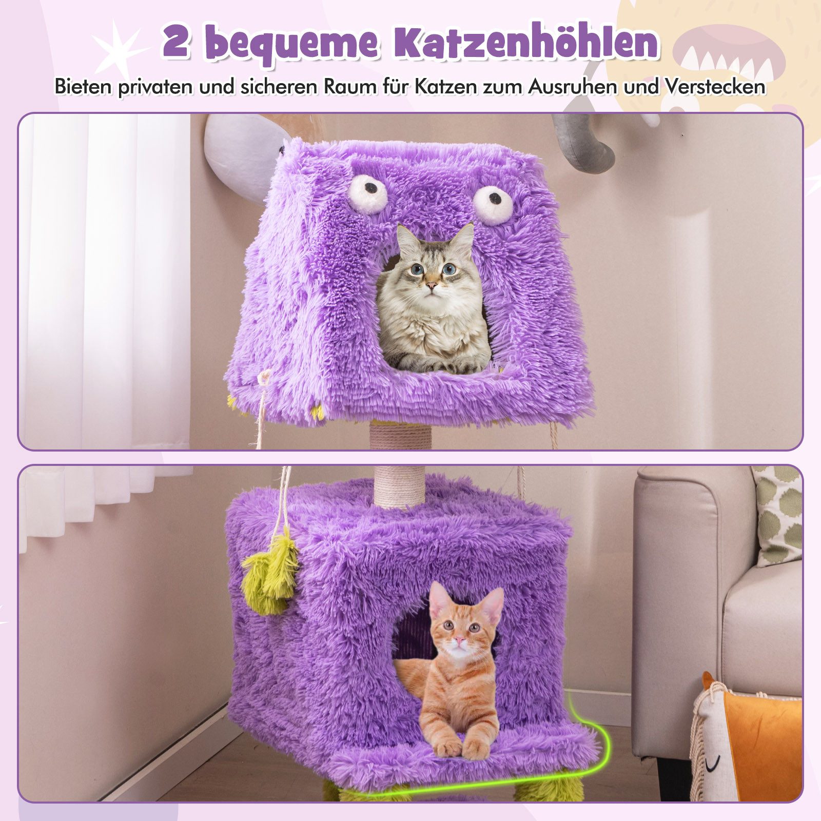 KOMFOTTEU Kratzbaum, mit 2 Katzenhöhlen, Sisalpfosten & hängenden Spielzeugen