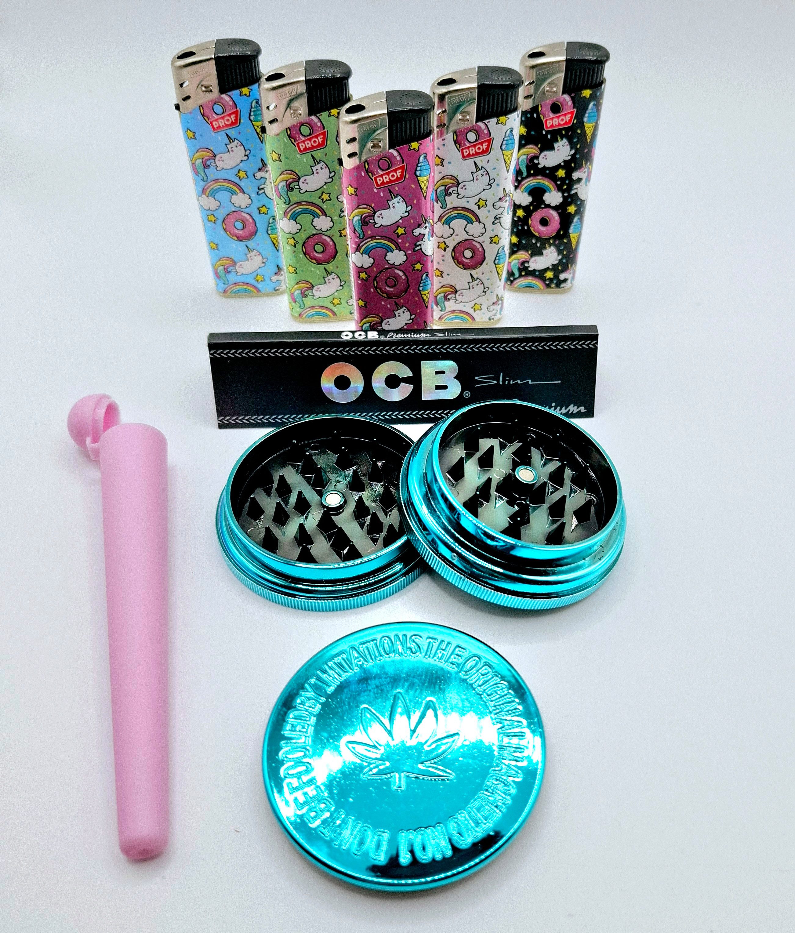 meytrade Feuerzeuge Girls Set: 6mm Gizeh Filter pink, OCB Blättchen, Jointhülle, Grinder, pink all in one