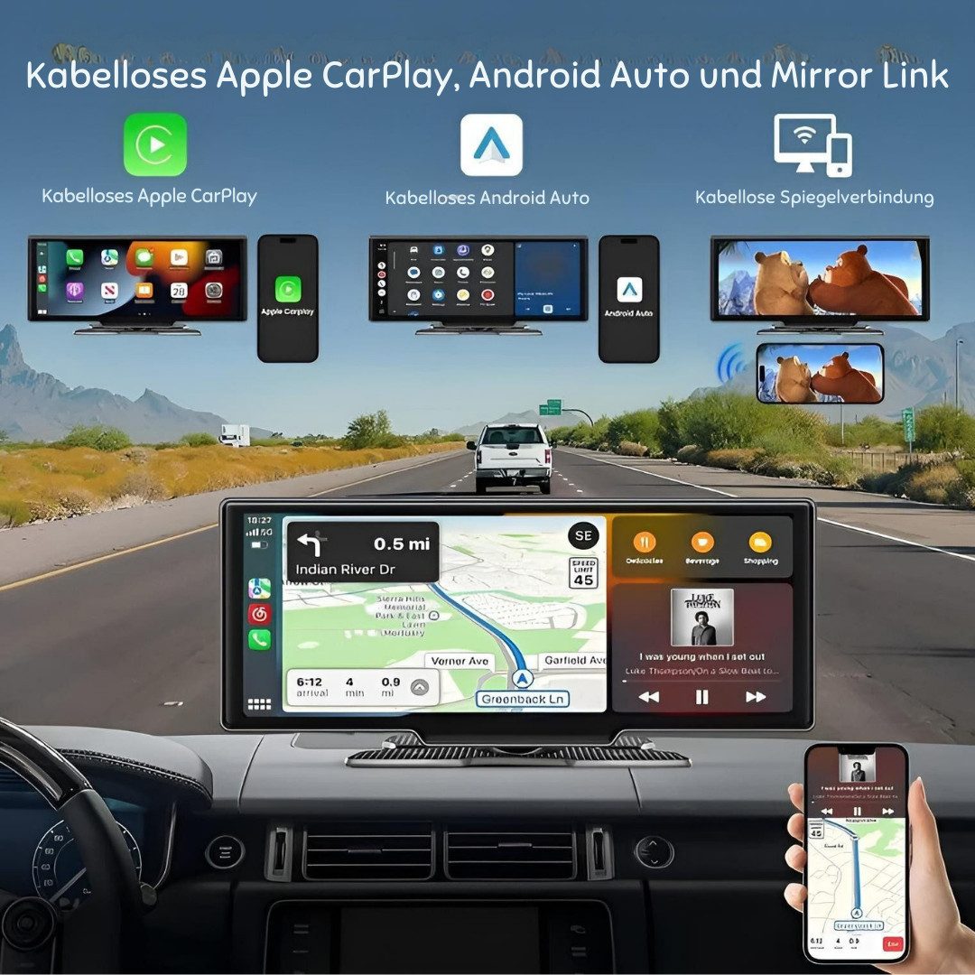 Goldstern-Tech 2 in 1 DriveEye Vision Navigation Dashcam (4K Ultra HD, Bluetooth, WLAN (Wi-Fi), FM-Tranmitter, mit GPS, Nachtsicht, Kabelloses Apple CarPlay & Android Auto, inkl. AHD Rückfahrkamera, Plug & Play Installation)