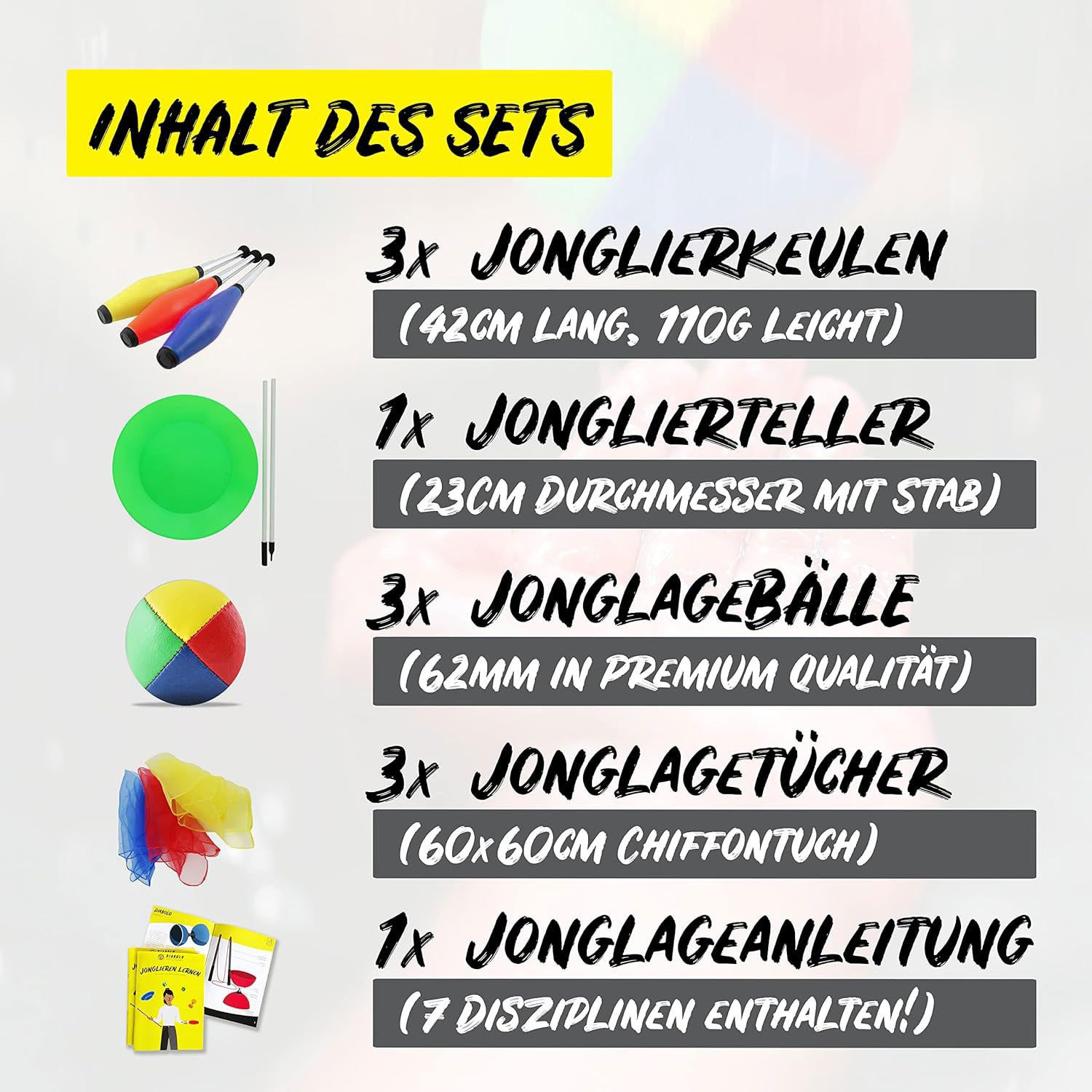 Diabolo Freizeitsport Jonglierball Set für Kinder und Erwachsene - Jonglierset (Zirkus Spielset ab 3 Jahren zum Jonglieren lernen, 11-St., Jonglierbälle Set Kinder mit Keulen, Tüchern & Teller), Juggling Kit Anfänger Erwachsene inkl. Anleitung & Tasche