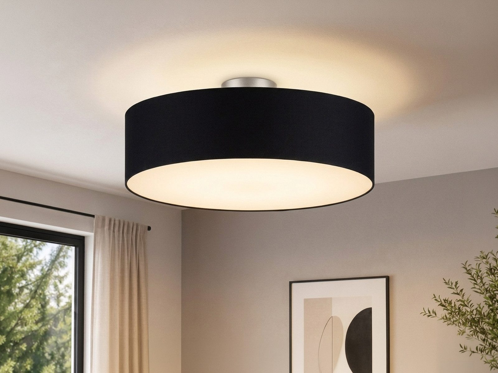 meineWunschleuchte Deckenleuchte mit Stoff Lampenschirm Schwarz Ø 50cm, ohne Leuchtmittel, große Stoff-Lampe, gemütliche Deckenlampe, E14 Schlafzimmerlampe
