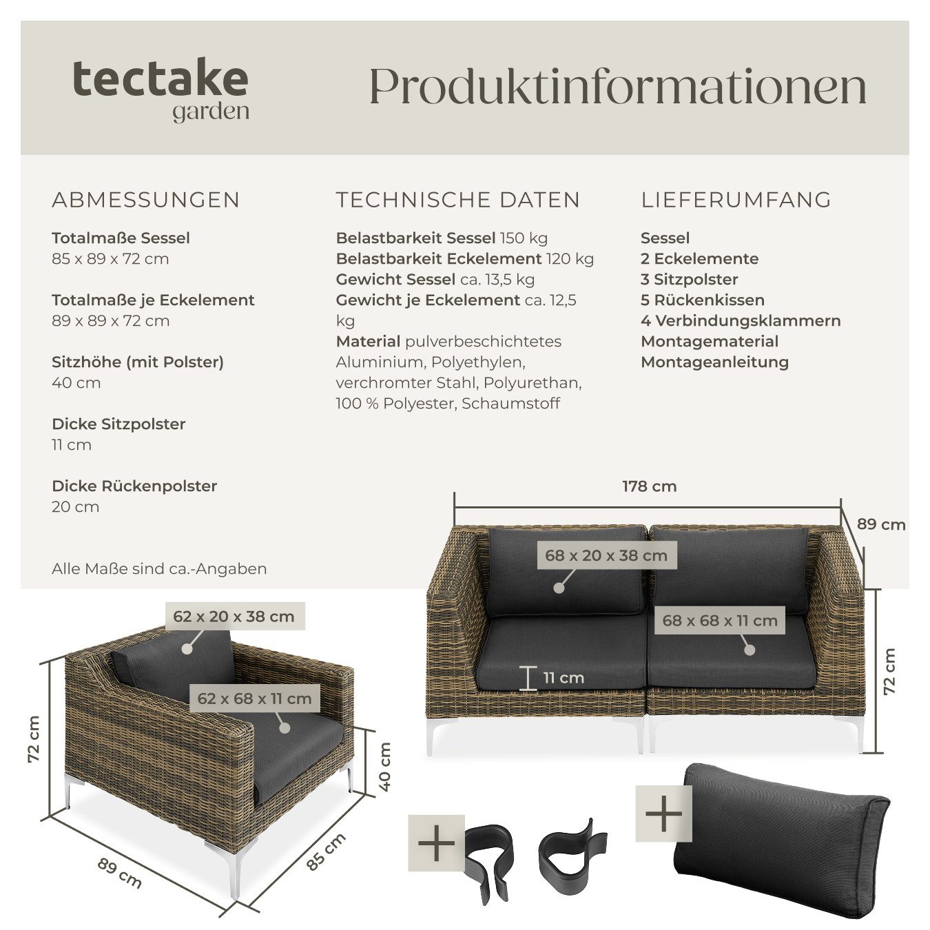 tectake Sitzgruppe Modulares Rattanset, (Set), Stabiler und belastbarer Rahmen aus leichtem und rostfreiem Aluminium