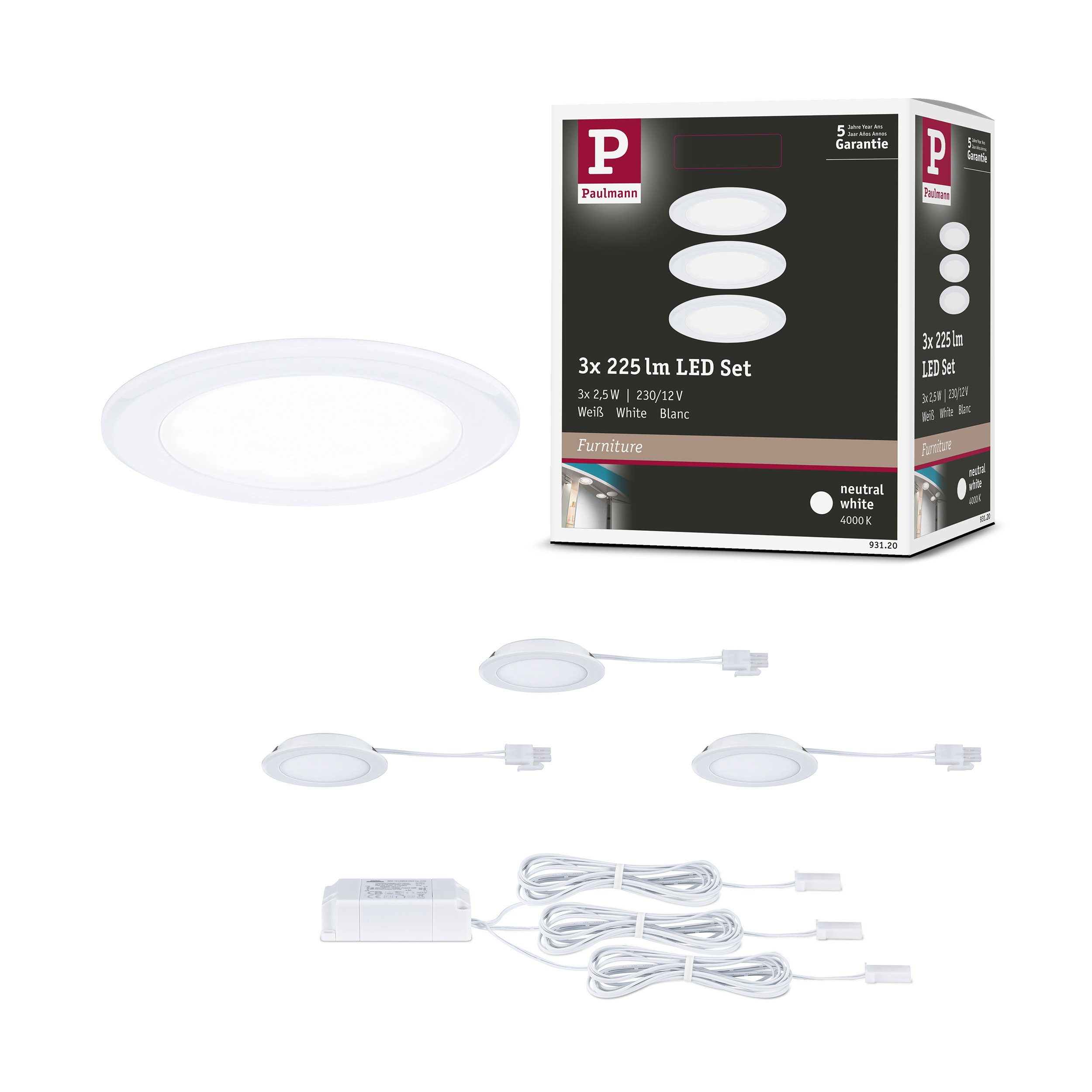 Paulmann LED Schrankinnenraumbeleuchtung LED Möbeleinbauleuchten 3er-Set rund 65 mm 3x2,5W 3x180lm 230/12V 4000