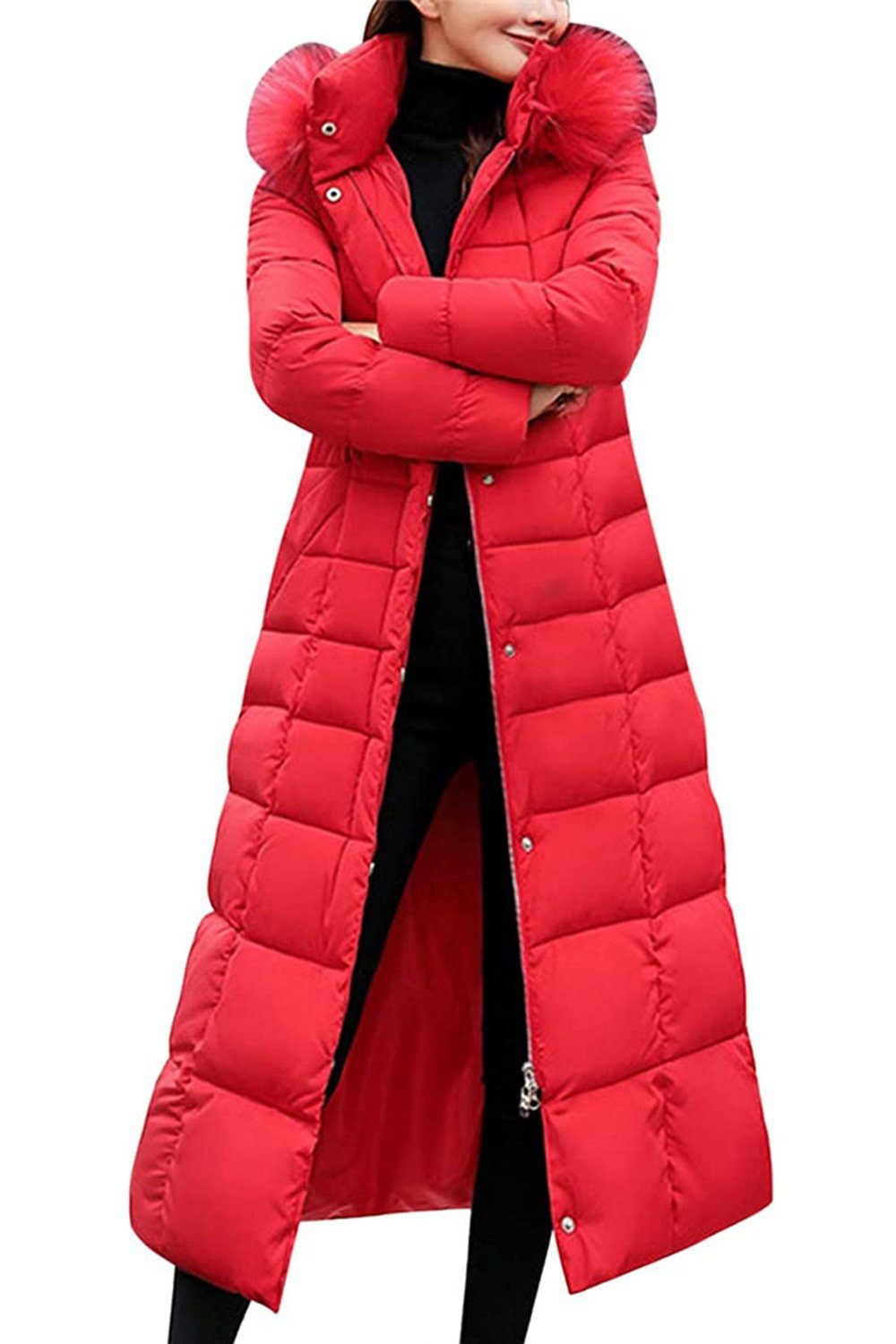 Steppjacke Rot B.X Damen Oberbekleidung, Wintermantel Parka-Jacke lange Steppmantel, Pelzkragen mit