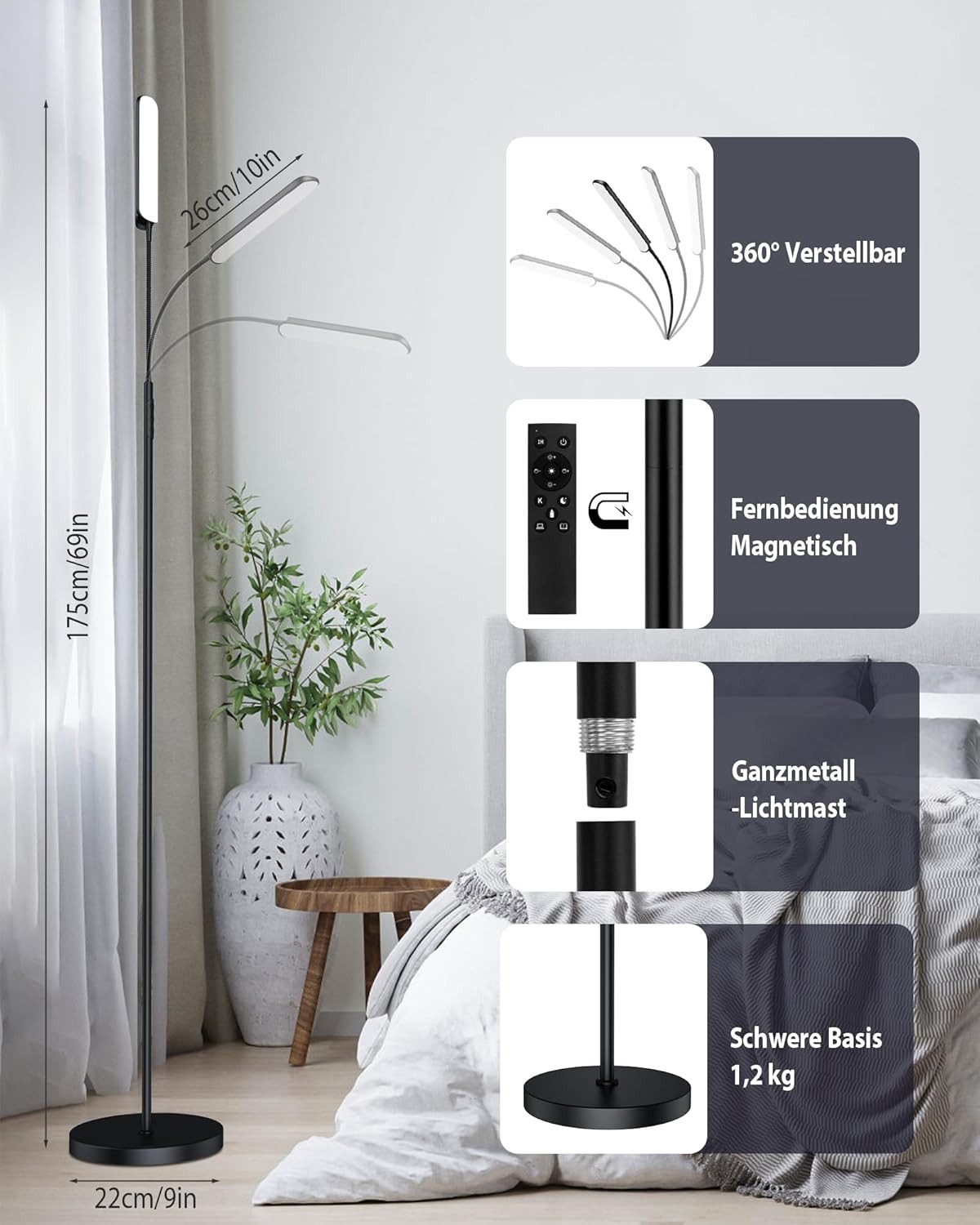 Lujasi LED Stehlampe 18W Dimmbar Stehleuchte 2000LM mit Fernbedienung, lineare Leuchtdichte, Unendliche Farbtemperatur, Leselampe, Stehlampe Wohnzimmer, deckenf – Bild 4 von 5