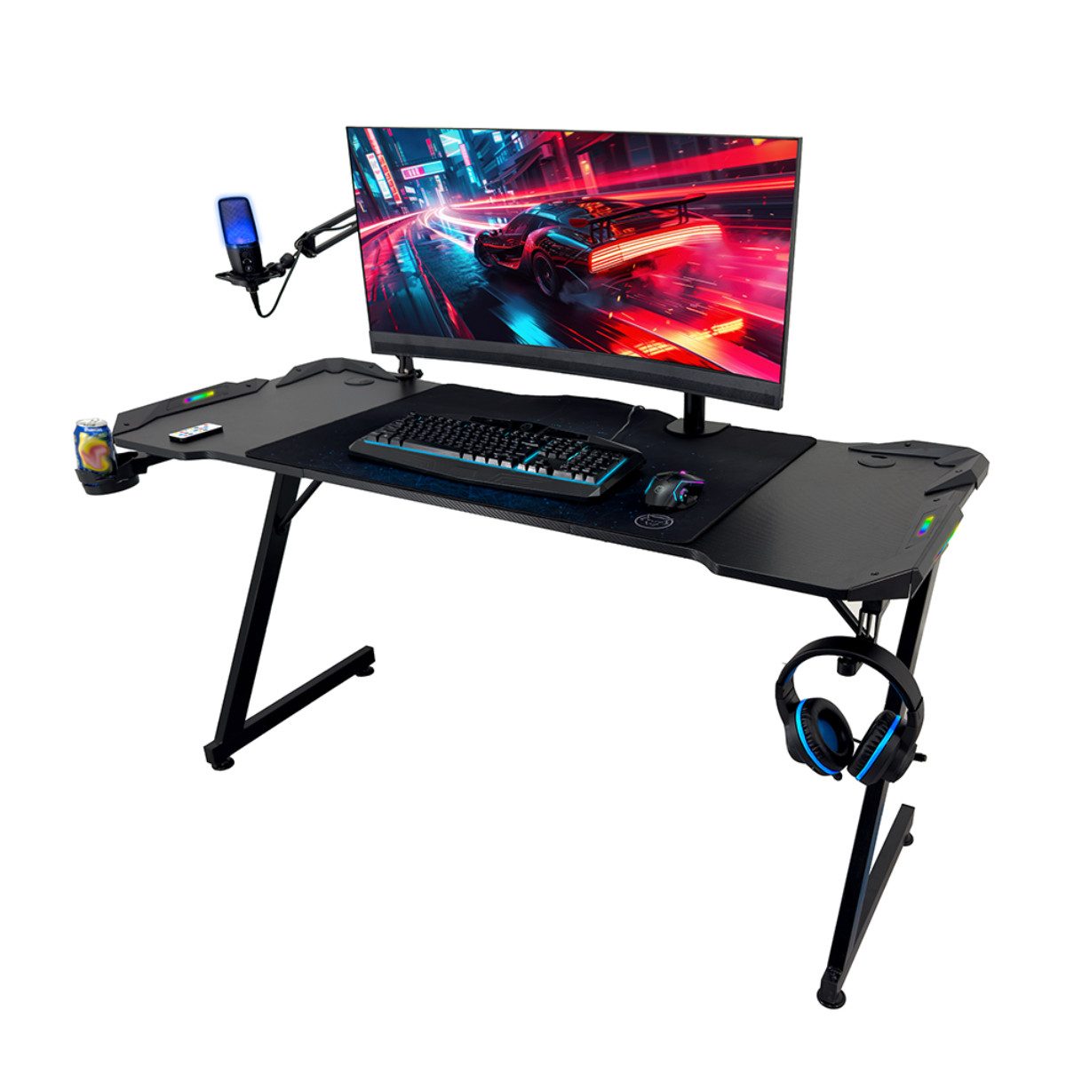 Qware Gaming Gamingtisch Akron – LED-Tisch mit Headset-Halter & Getränkehalter, 140cm