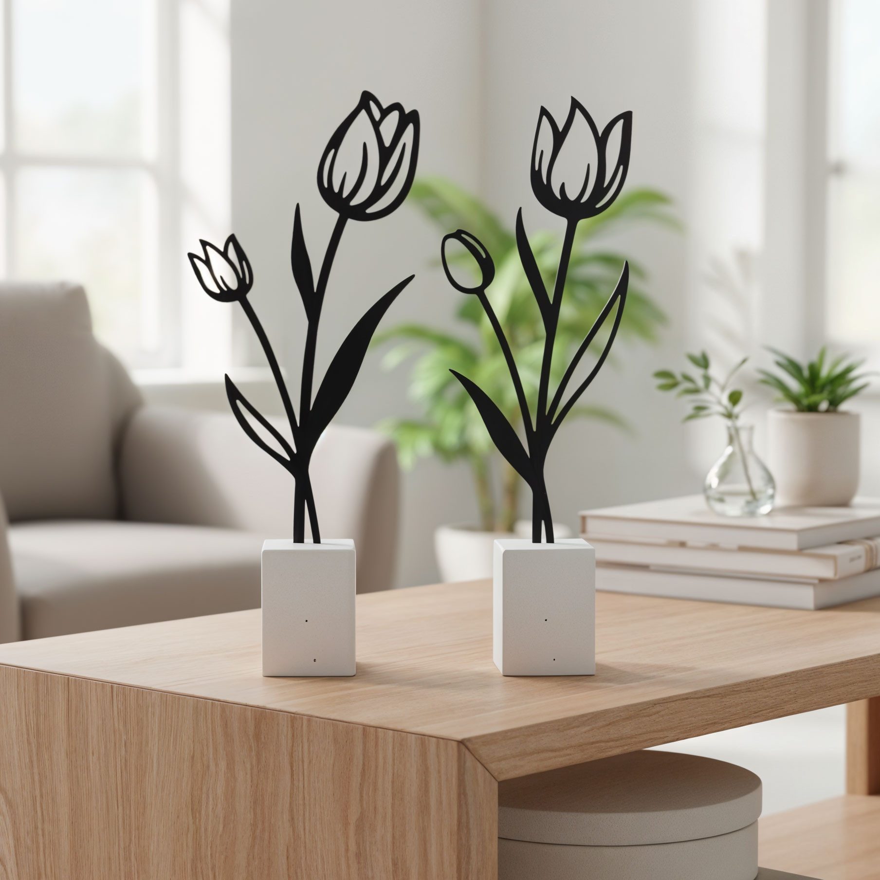 Levandeo® Dekoobjekt 2er Set Metall Blume Tulpe Schwarz Beton Grau Draht Deko Aufsteller Ti