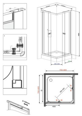 welltime Eckdusche Trento Nero Plus, BxT: 90x90 cm, Sicherheitsglas, Anti-Kalk-Versiegelung, variabler Verstellbereich, mit Schiebetüren