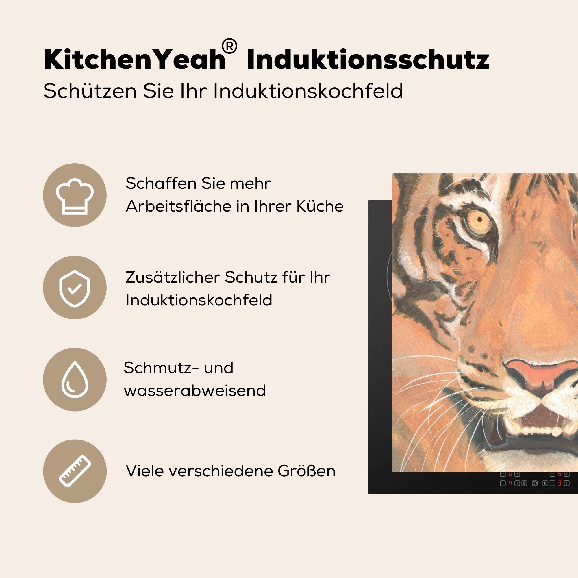 MuchoWow Herdblende-/Abdeckplatte Tiger - Kopf Ceranfeldabdeckung, (1 für Orange, Arbeitsplatte küche Vinyl, cm, 78x78 - tlg)