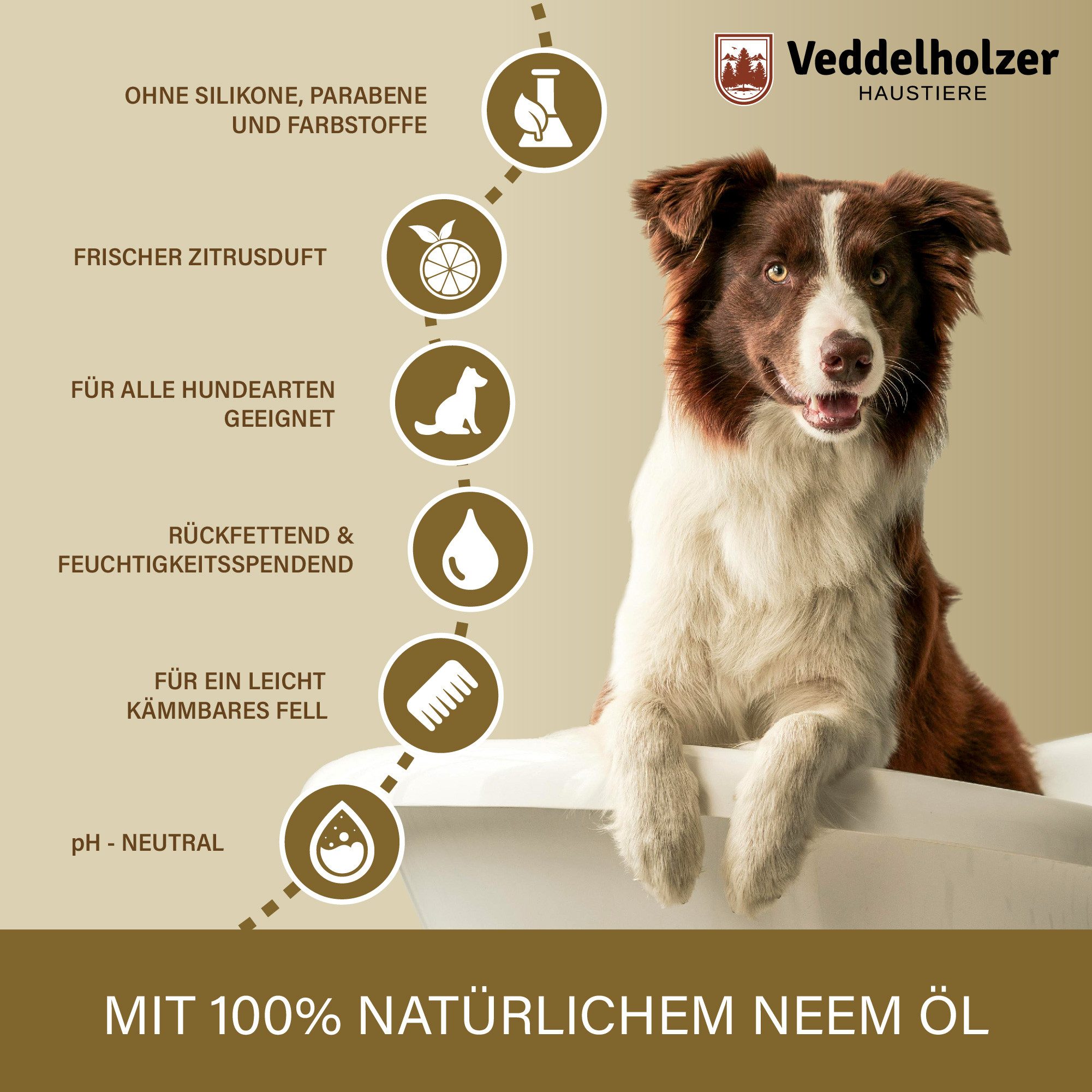 Veddelholzer Tiershampoo 500 ml Natürliches Neemöl Hunde Shampoo sanfte Haut- & Fellpflege, 500 ml, (Rückfettend & Feuchtigkeitsspendend für EIN glänzendes Fell), lindert Juckreiz gegen Flöhe, Zecken & Milben