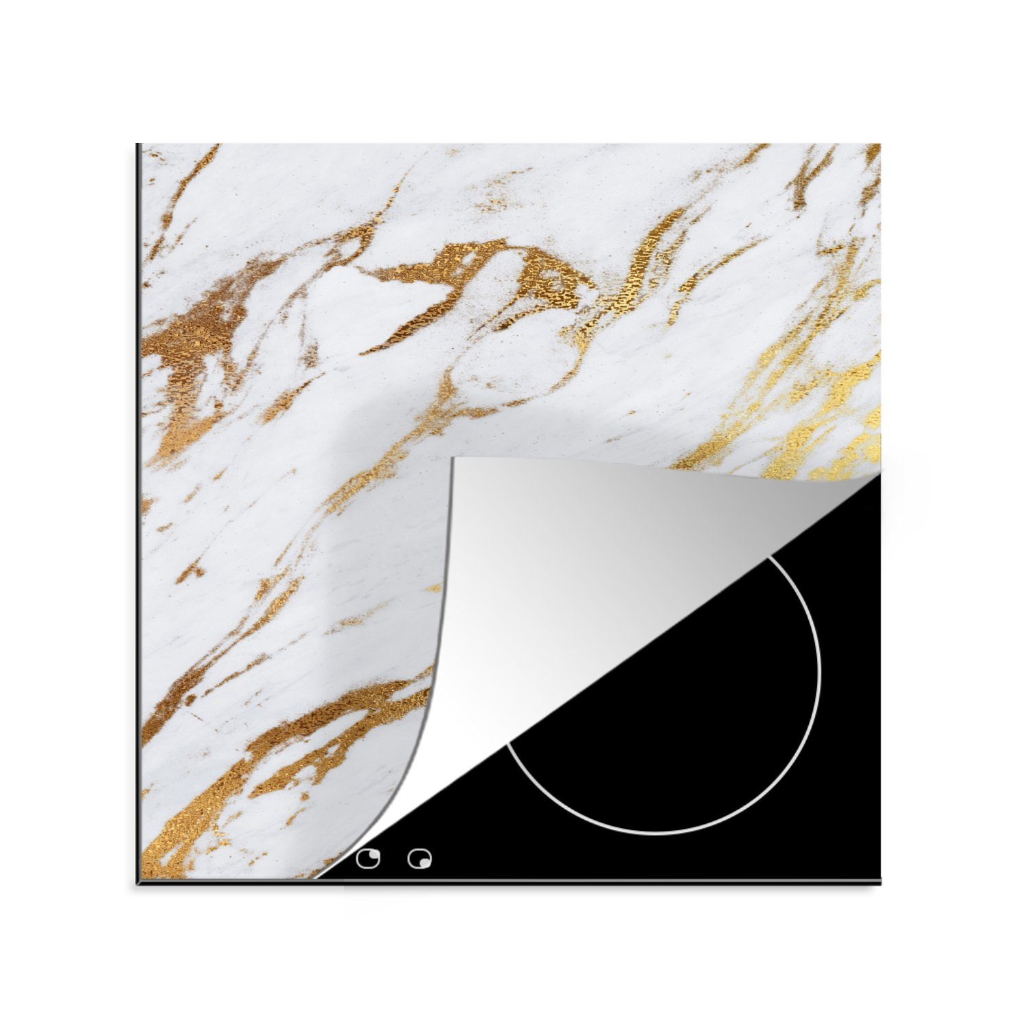 MuchoWow Herdblende-/Abdeckplatte Marmor - Gold - Weiß - Chic, Vinyl, (1 tlg), 78x78 cm, Ceranfeldabdeckung, Arbeitsplatte für küche