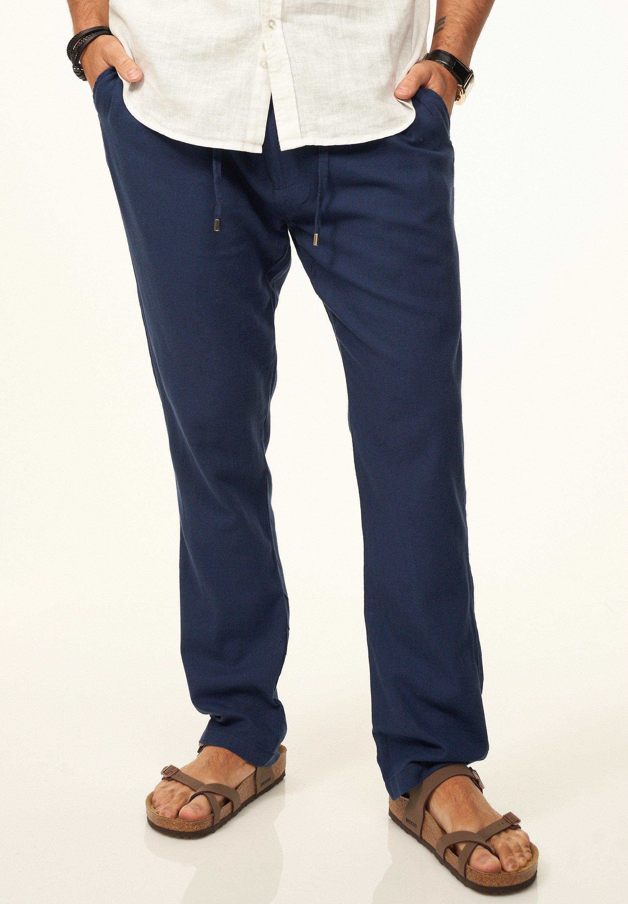 behype Leinenhose im Chinohosen Stil mit Gummibund & Kordel Herren luftige Stoffhose als Sommerhose - Freizeithose
