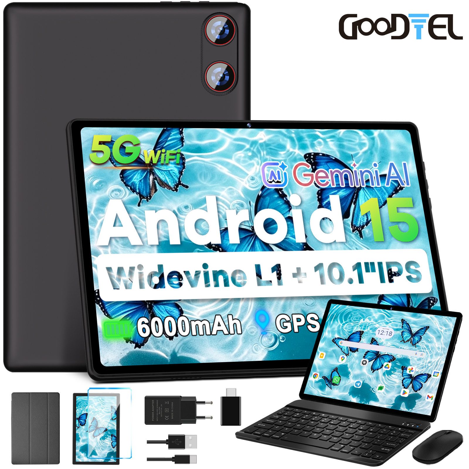 GOODTEL Tablet Android 15, WiFi, 30GB RAM 64GB Speicher erweitern bis zu 1TB Tablet (10,1", Android 15, 64GB Speicher/erweiterbar auf 512TB,6000mAh,Gemini AI,WiFi,Widevine L1)