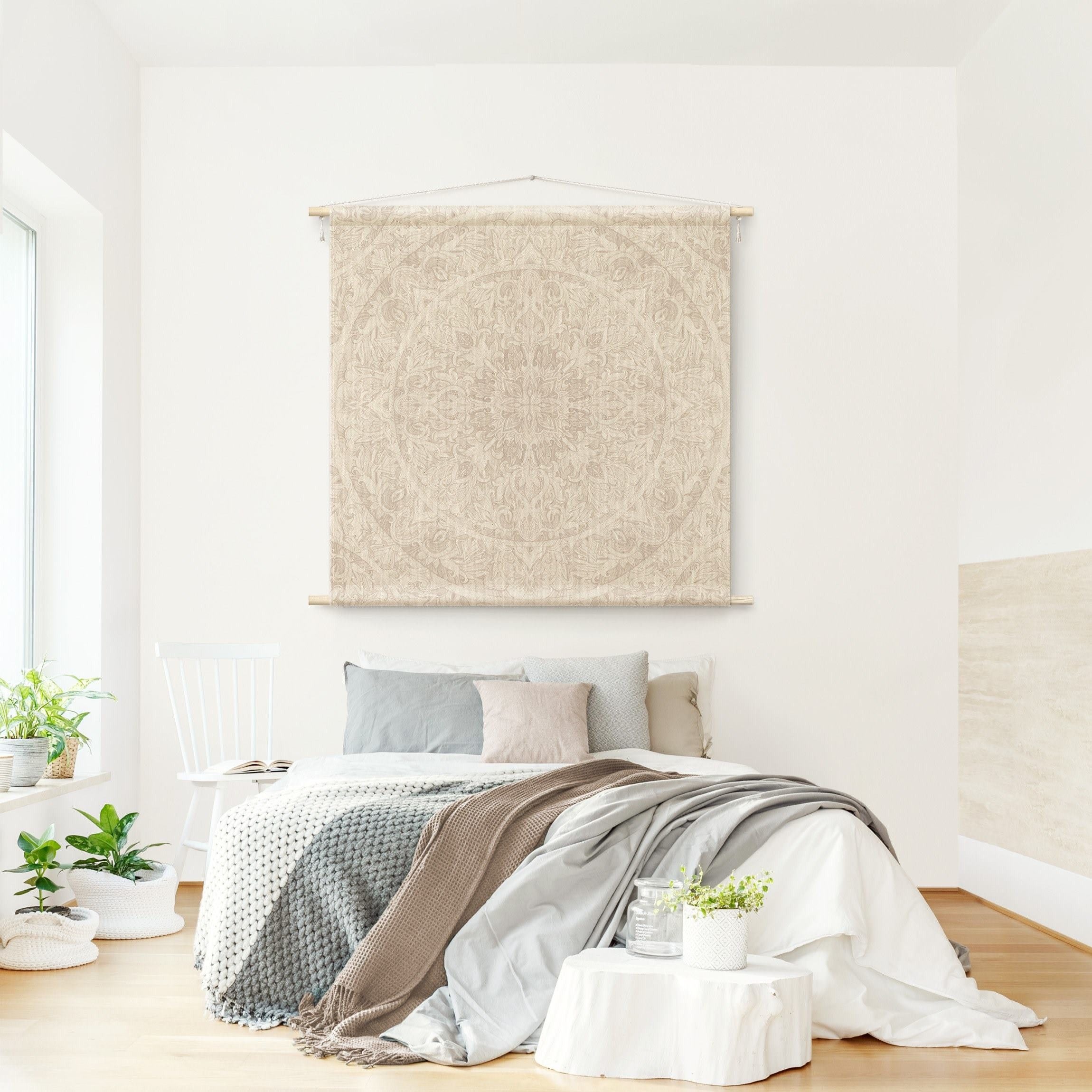Bilderdepot24 Wandteppich modern Mandala Aquarell Muster Ornamente Spirituell beige, quadratisch, Höhe: 2.6 mm, großes Wandbild aus Natur-Baumwolle Wandbehang Stoffbild Tuch Wollseil