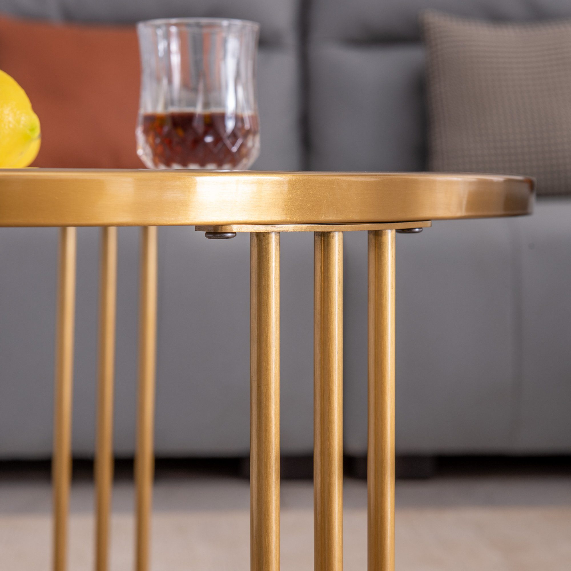 goldenem Tischplatte WISHDOR Schiefer Couchtisch (Golden), Edelstahlrahmen zu Runder aus aus Couchtisch Stein mit gesintertem Edelstahlrahmen Einfach montieren