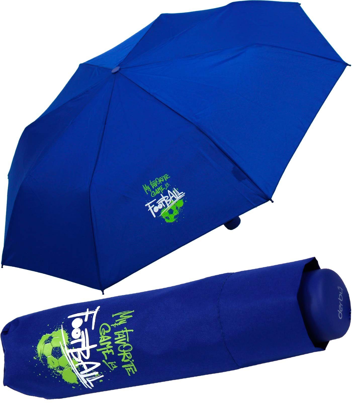 derby Taschenregenschirm Mini Kinderschirm Jungen leicht Kids Schule - blau, ein leichter Schirm für den Schulweg mit coolen Motiven favorite football