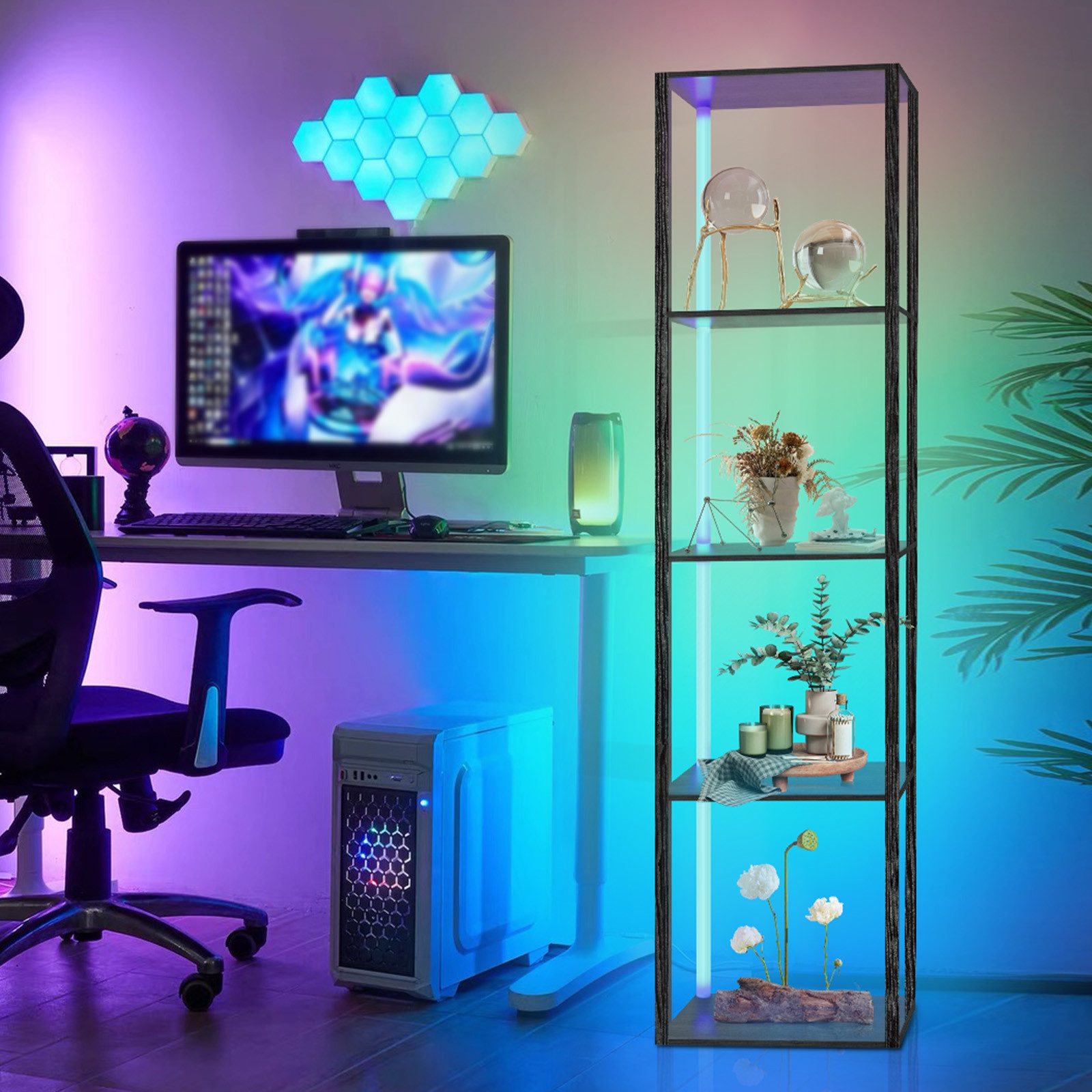 XIIW Standregal LED Dimmbar Bücherregal Standleuchte Sammlervitrine Stehend Eckregal, 5 Ebenen 160x39x29cm Einstellbarer LED-Beleuchtung, Holz Stehlampe für Bür – Bild 5 von 5