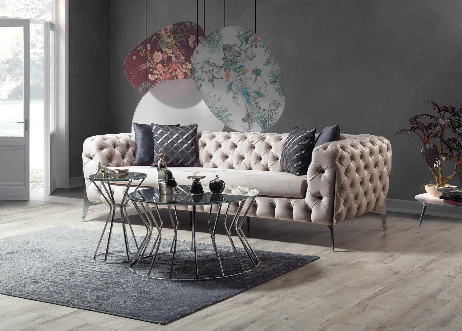 Marrakesh Sofa Möbel Villa 3 Sitzer mit Sofa Cremefarbig Rundumheftsteppung