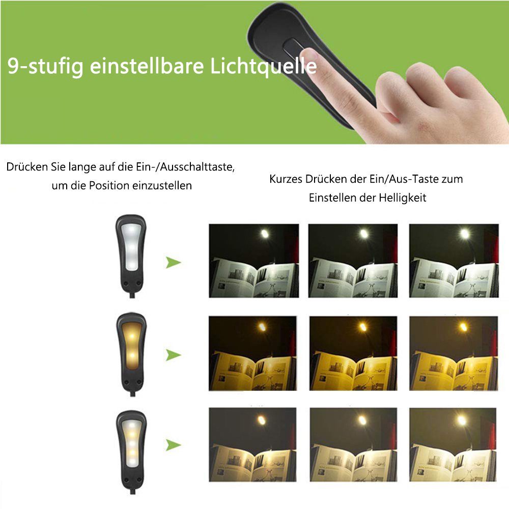 Buchlampe Klemme, Farbmodi 3 3 LED mit GelldG und Leselampe Helligkeitsstufen Leselampe