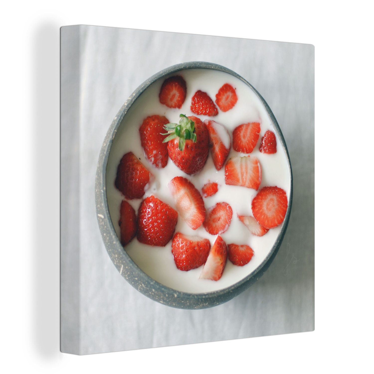 OneMillionCanvasses® Leinwandbild Erdbeere - Schale - Tisch, (1 St), Leinwand Bilder für Wohnzimmer Schlafzimmer