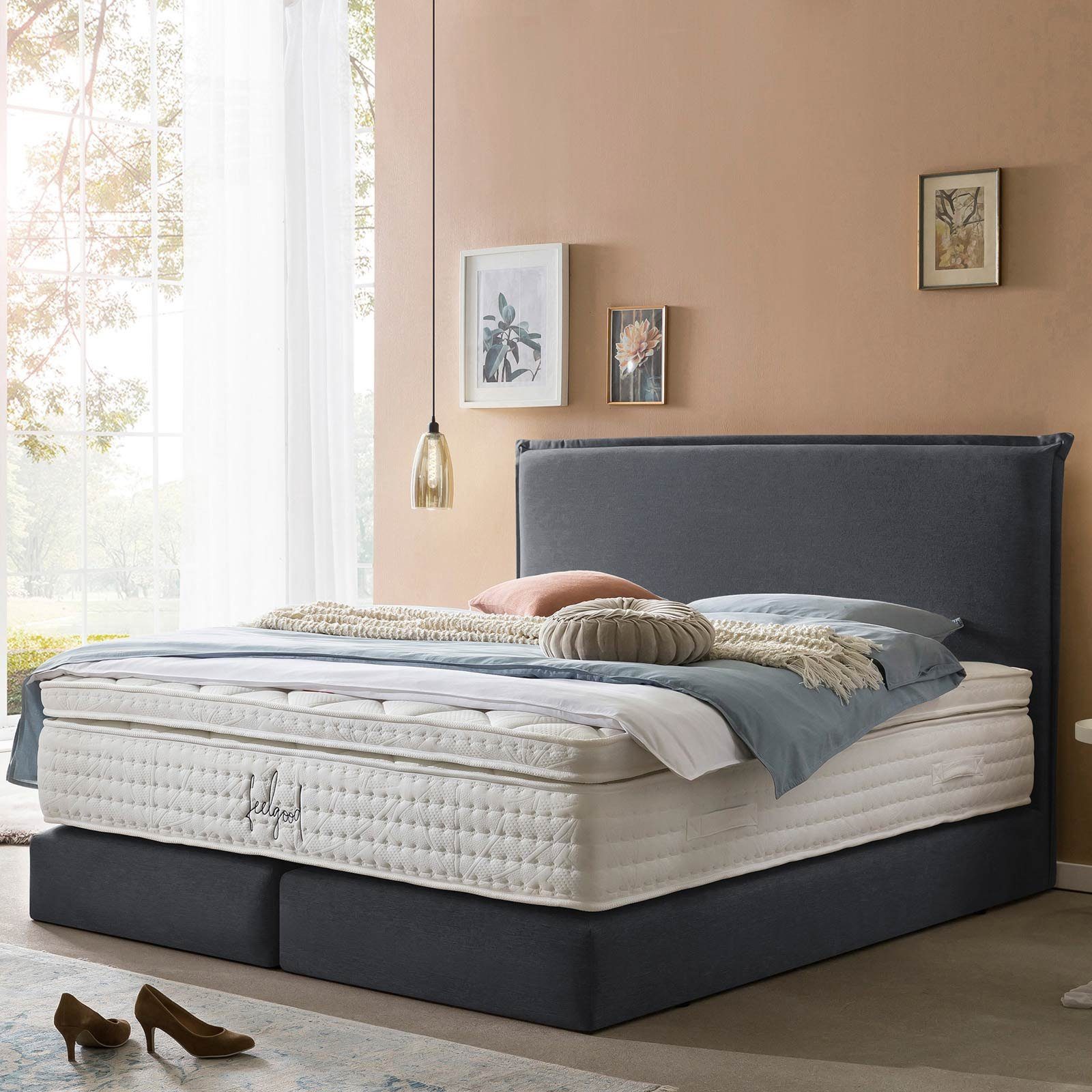 Topper, (in 200 optionaler 140 Anthrazit BettCo x + cm), mit London Boxspringbett Zeitloses-Design Webstoff, Gleiterfüße Biese