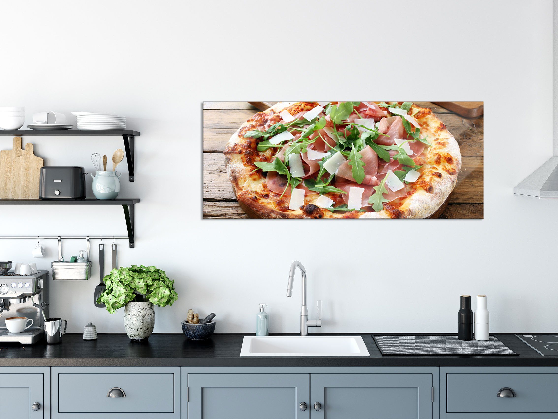 Pizza (1 Pixxprint Echtglas, Glasbild auf Aufhängungen Glasbild Prosciutto inkl. Pizza aus St), auf Abstandshalter Holztisch, und Prosciutto Holztisch
