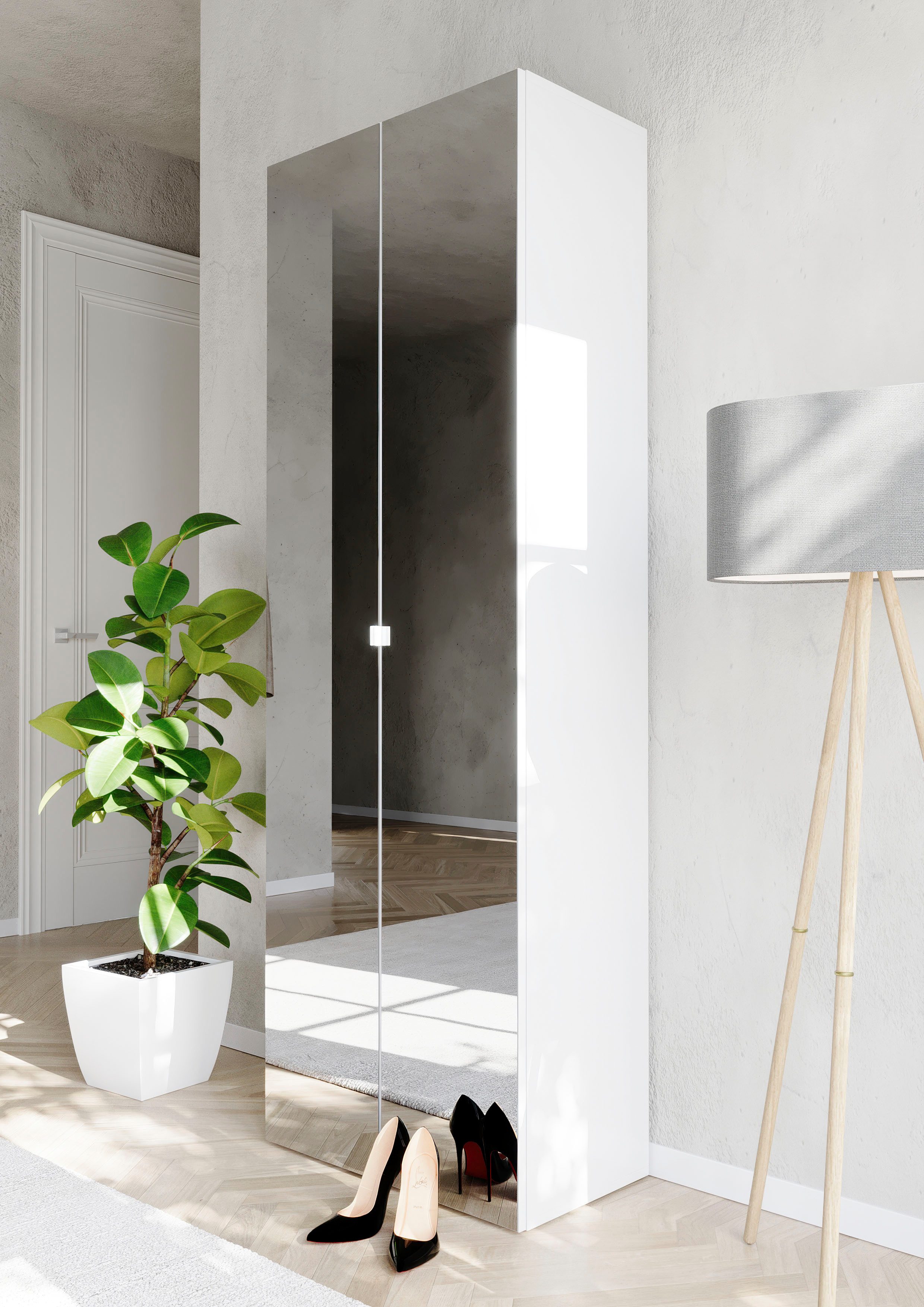 OTTO home Schuhschrank SMILE Höhe 184 cm, Weiß Hochglanz lackiert mit 2 Spiegeltüren, Schuhregal mit 7 Ebenen, Metallgriff, viel Stauraum, 4 Böden variabel