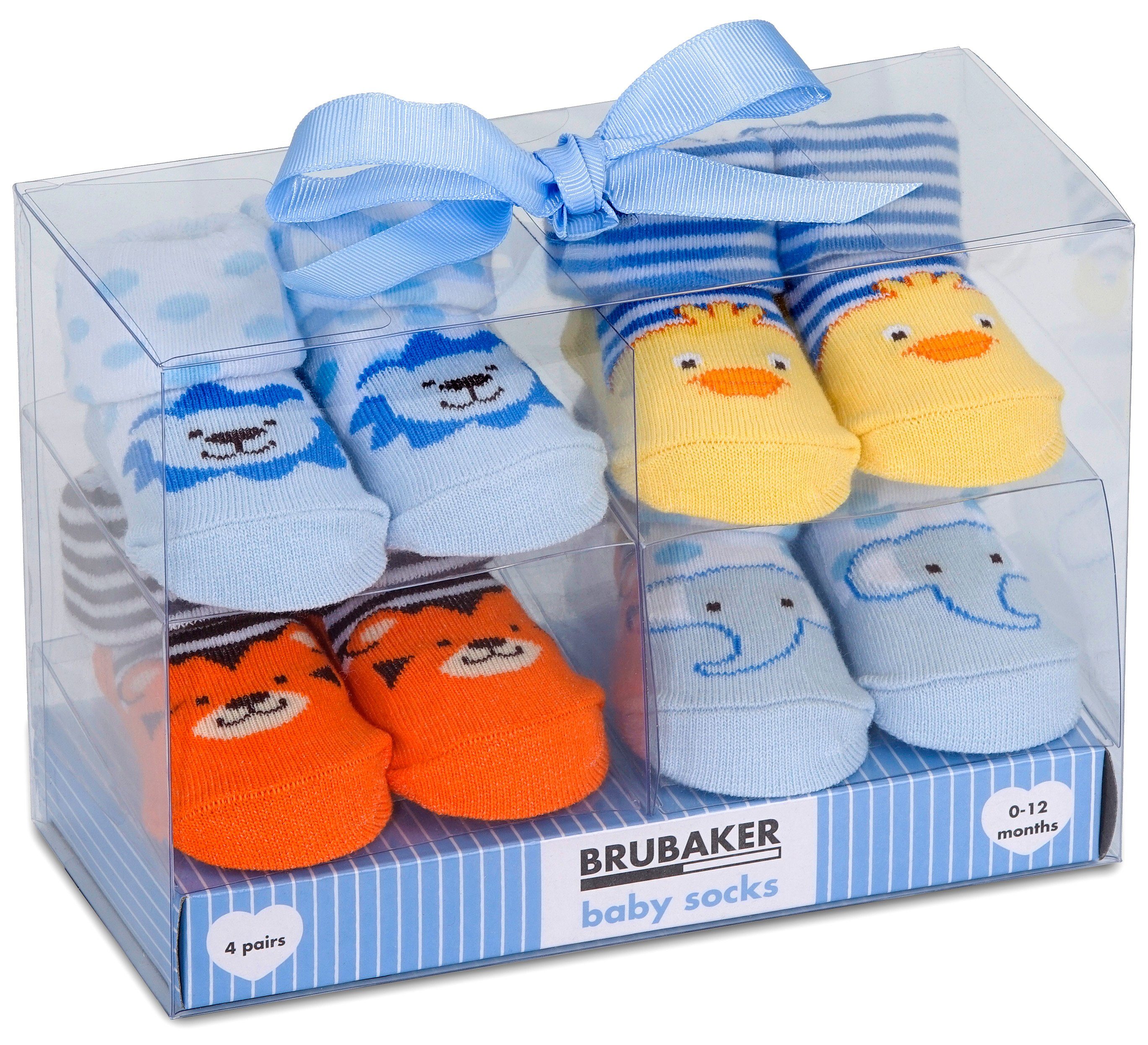 BRUBAKER Socken Babysocken für Jungen und Mädchen 0-12 Monate (4-Paar, Baumwollsocken mit Tier Motiven) Baby Geschenkset für Neugeborene in Geschenkverpackung mit Schleife