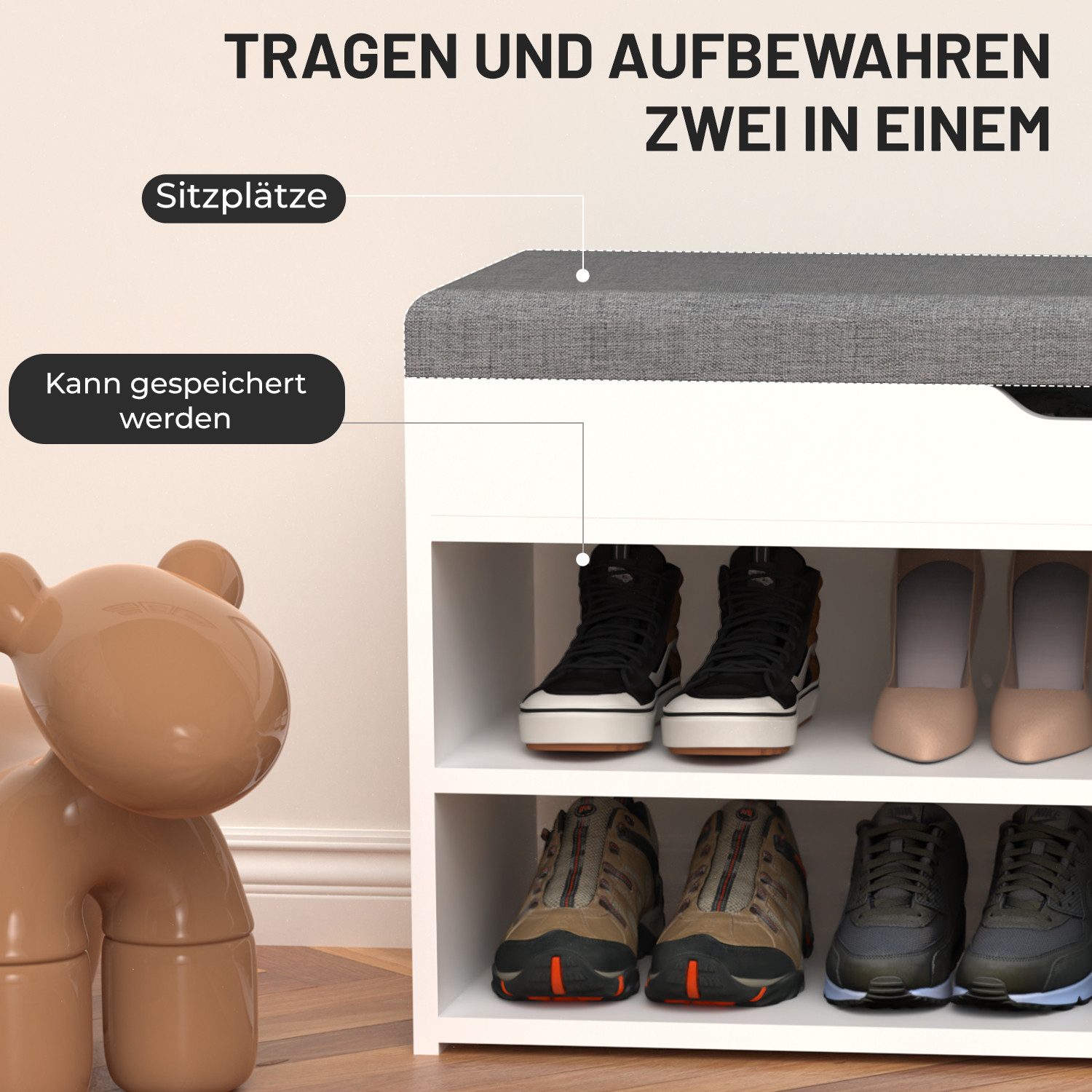 oyajia Schuhbank Schuhregal mit gepolstertem Kissen, Schuhorganizer mit 2 Ebenen (vielseitig nutzbar, Mit 2 offenen Fächern, 1 Stauraumfach und 1 gepolsterten Sitzauflage, B 80 x H 44 x T 30 cm), mit Klappdeckel, für 8 Paare, kratzfeste Oberfläche, bis 150 kg