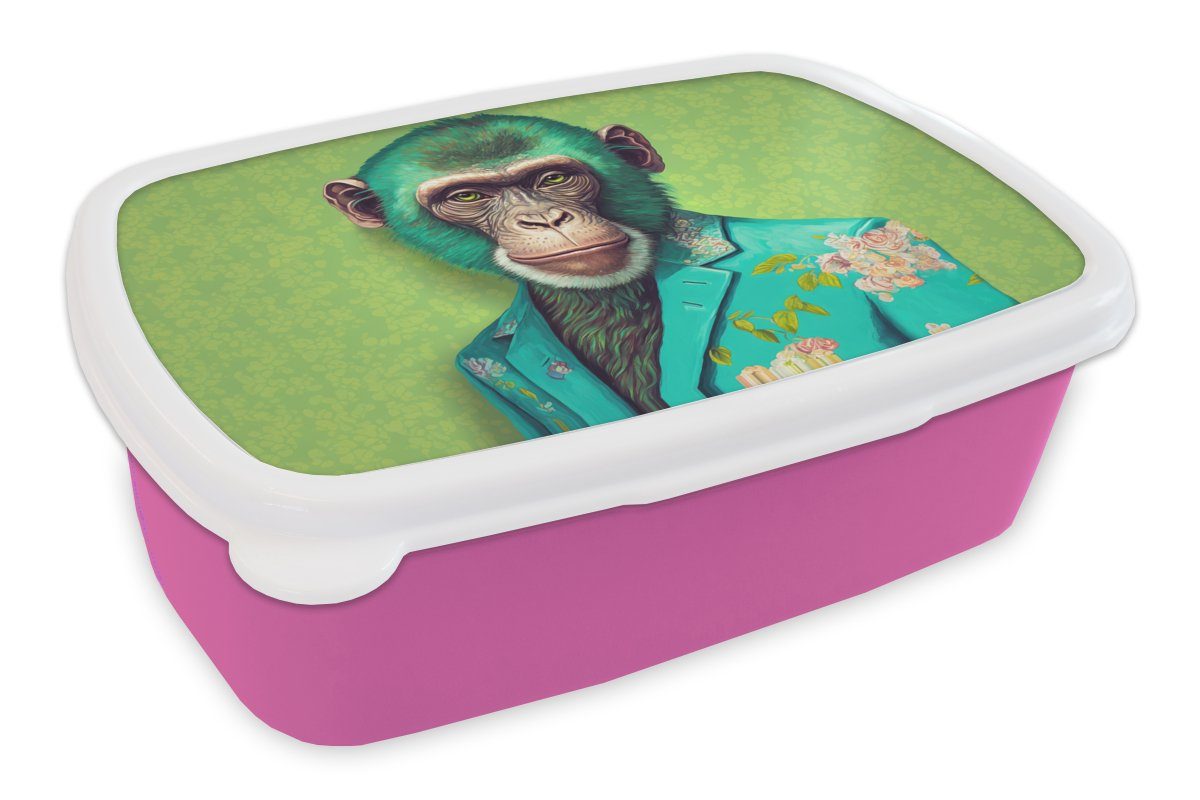 MuchoWow Lunchbox Affe - Colbert - Blumen - Neon - Porträt, Kunststoff, (2-tlg), Brotbox für Erwachsene, Brotdose Kinder, Snackbox, Mädchen, Kunststoff rosa