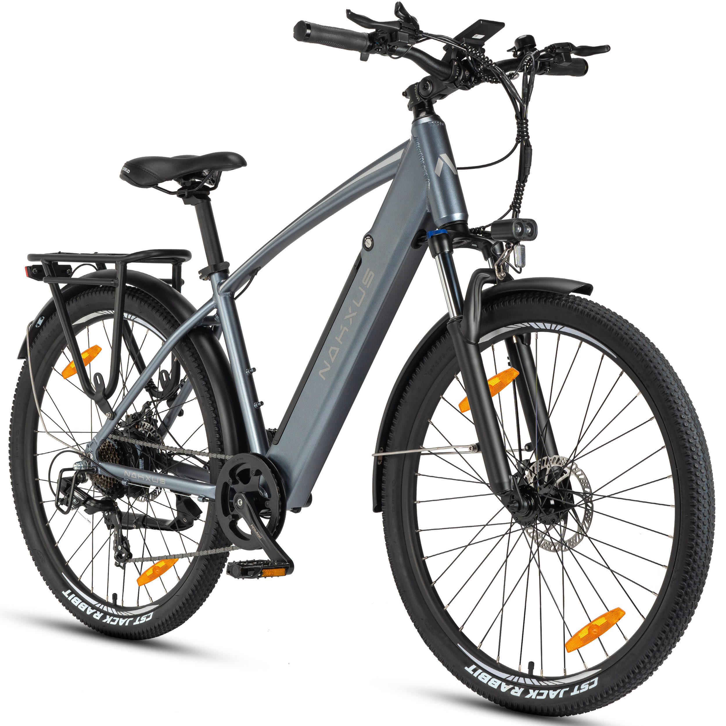 Vankel E-Bike Trekkingrad 27,5 Zoll Trekkingrad für Damen und Herren, 7 Gang, 450Wh max.70Km, 7 Gang Schimano Schaltwerk, Kettenschaltung, Heckmotor, 450 Wh, City Pedelec mit digitalem Display, leicht und aufladbar