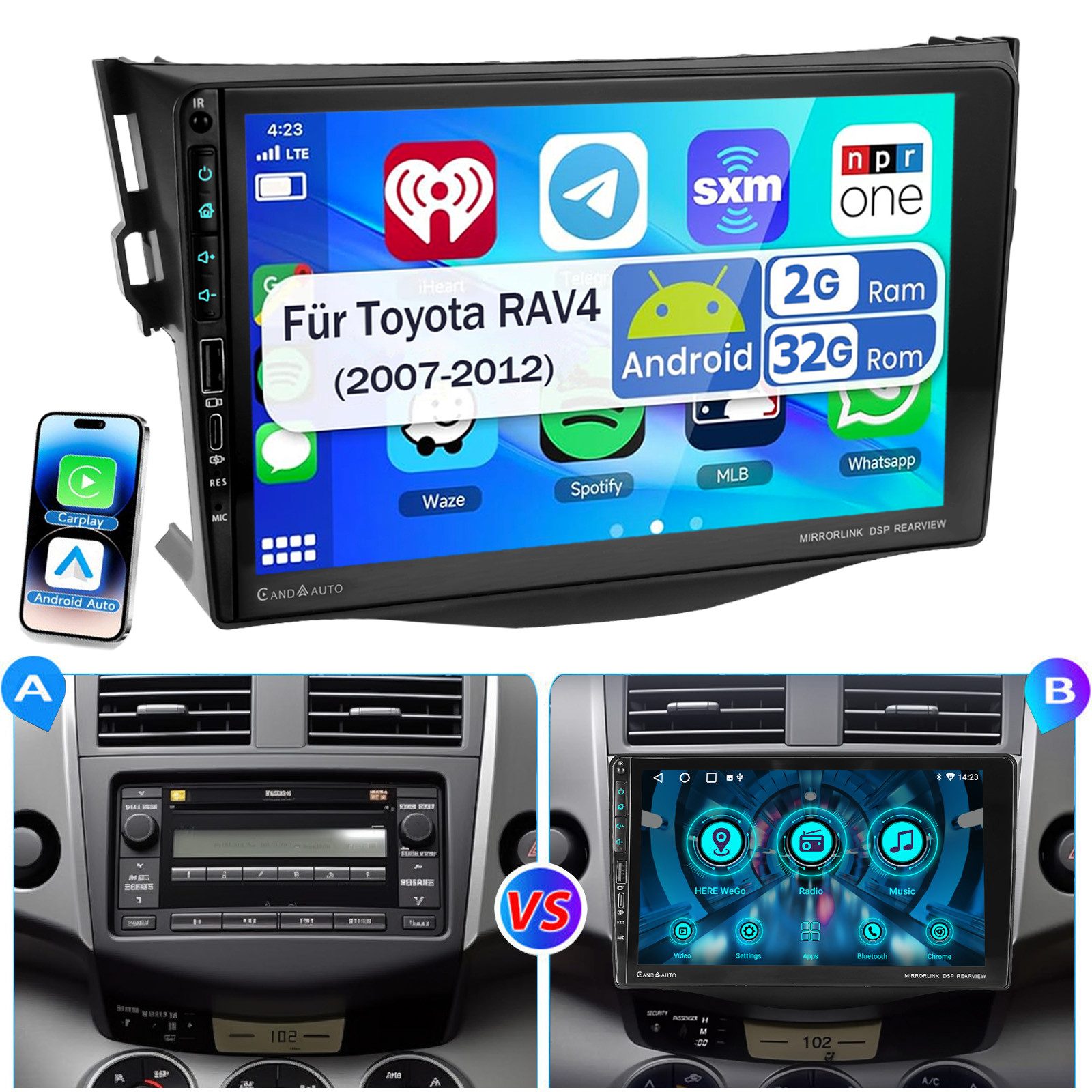 ESSGOO 9" Android 14 Autoradio Für Toyota RAV4 2007-2012 Carplay USB Type-C Autoradio (Digitalradio (DAB), 4+64GB(optional), RDS, AM, FM, Carplay Android Auto Bluetooth EQ USB GPS Navi WIFI Touchscreen)