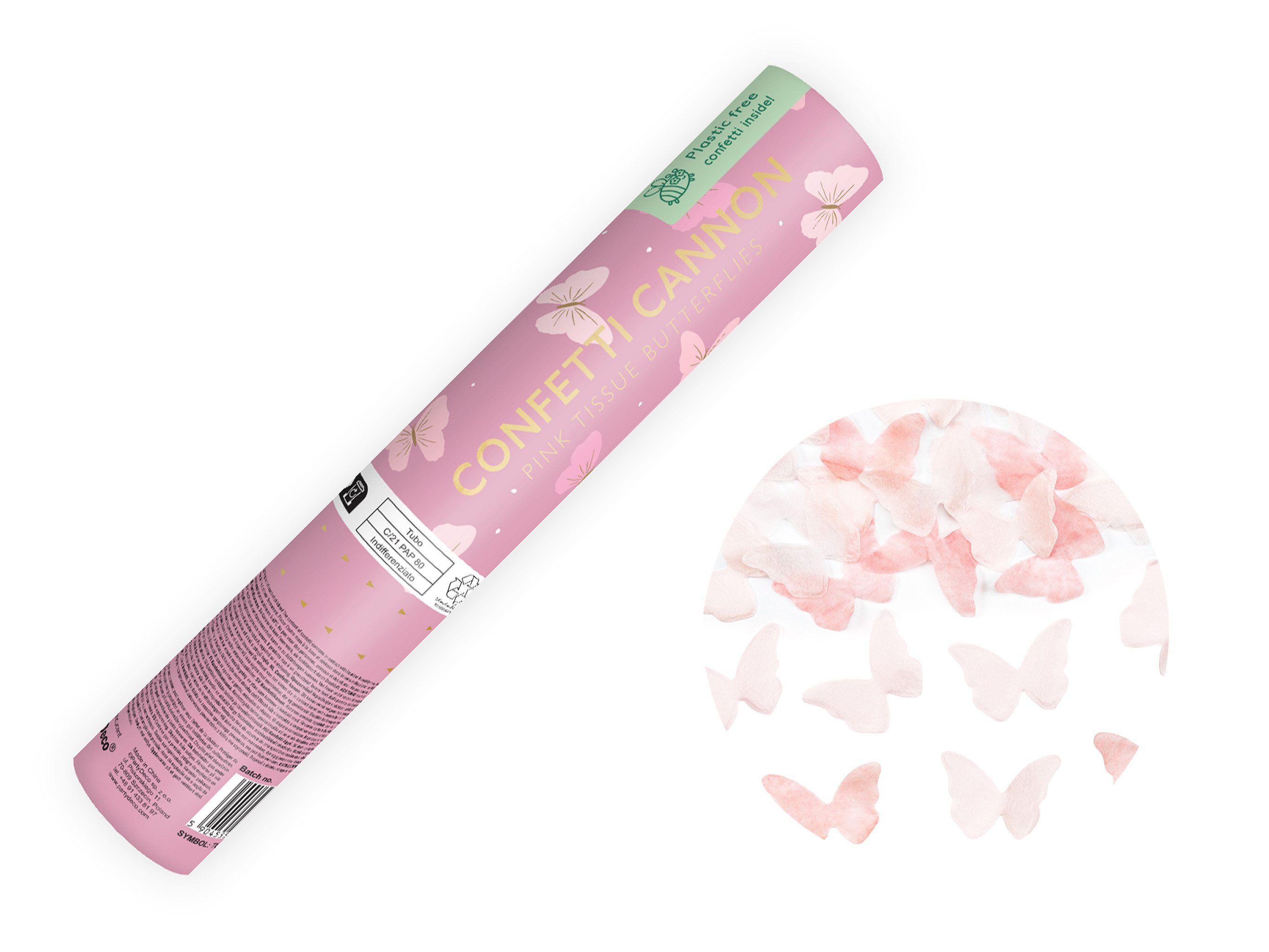 partydeco Konfetti, Konfettikanone mit Schmetterlingen 20cm Rosa