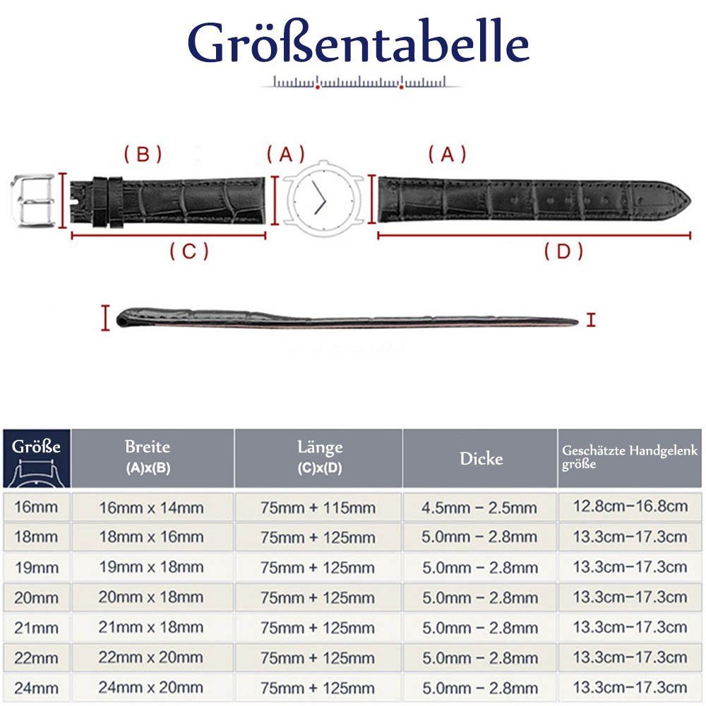 Sunicol Uhrenarmband Watch Strap,Genuine Leather, 16 - 24mm,Stainless Steel günstig online kaufen