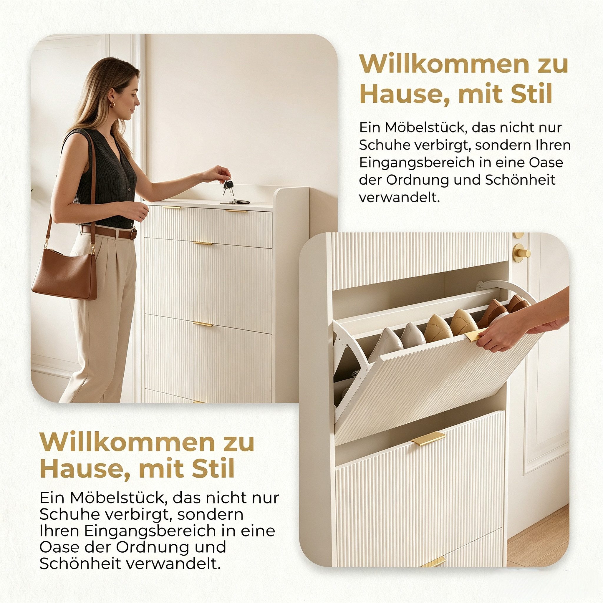 PXloue Schuhschrank mit 2 Klappen Schuhregal Schukipper( mit Kippsicherung)  (mit 2 Schubladen) Schuhkommode im Flur Diele,Trennwand verstellbar, 110x24x80 cm