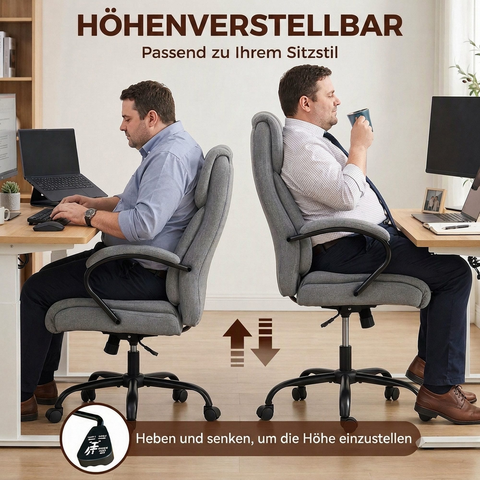 Vinsetto Bürostuhl Chefsessel, Gepolsterter Schreibtischstuhl, breit Sitz (Höhenverstellbarer Drehstuhl, 1 St), mit Wippfunktion, Leinenoptik, bis 220 kg belast – Bild 5 von 5