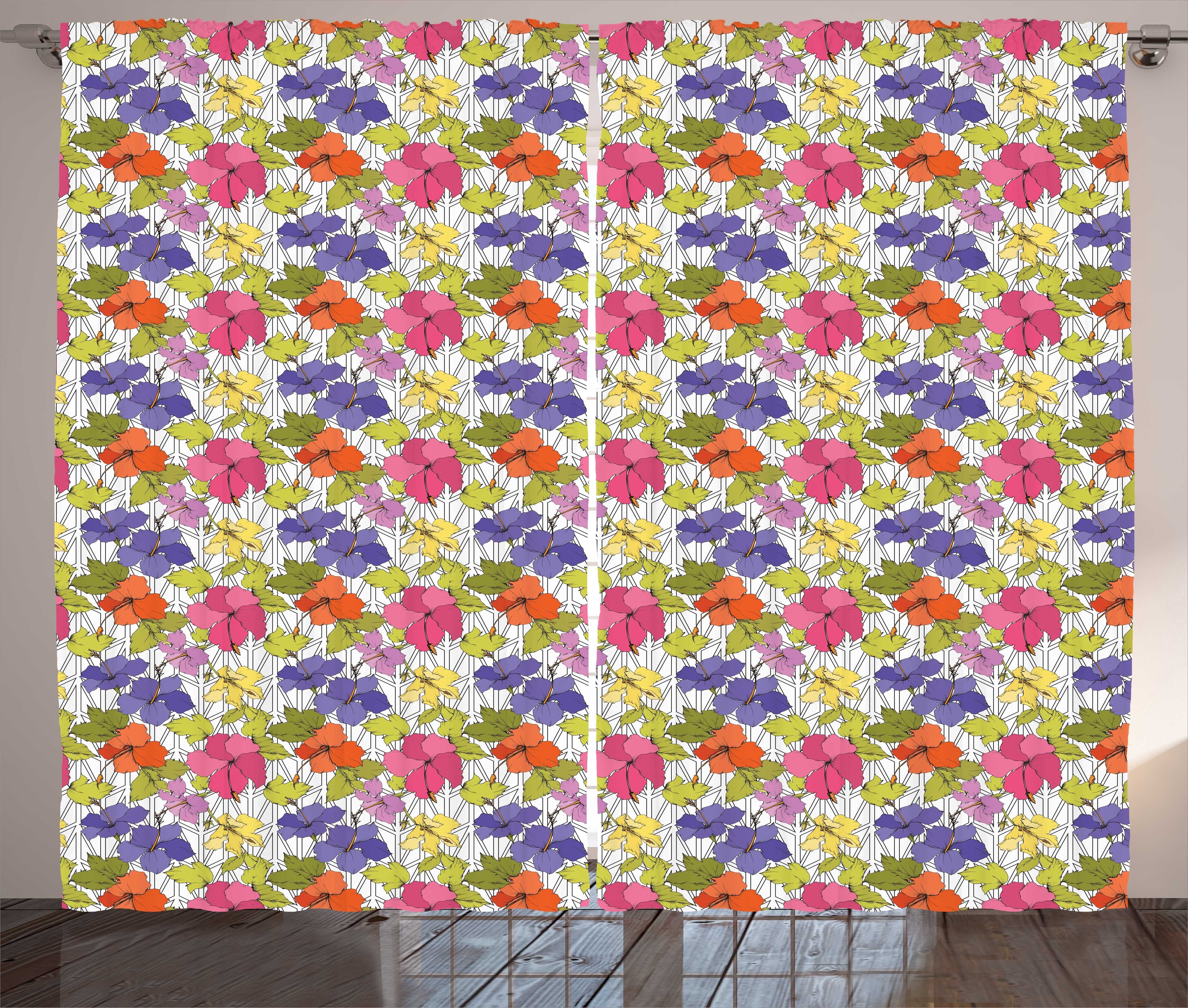 Gardine Schlafzimmer Kräuselband Vorhang mit Schlaufen und Haken, Abakuhaus, Frühling Bunte Hibiscus Flora Gitter