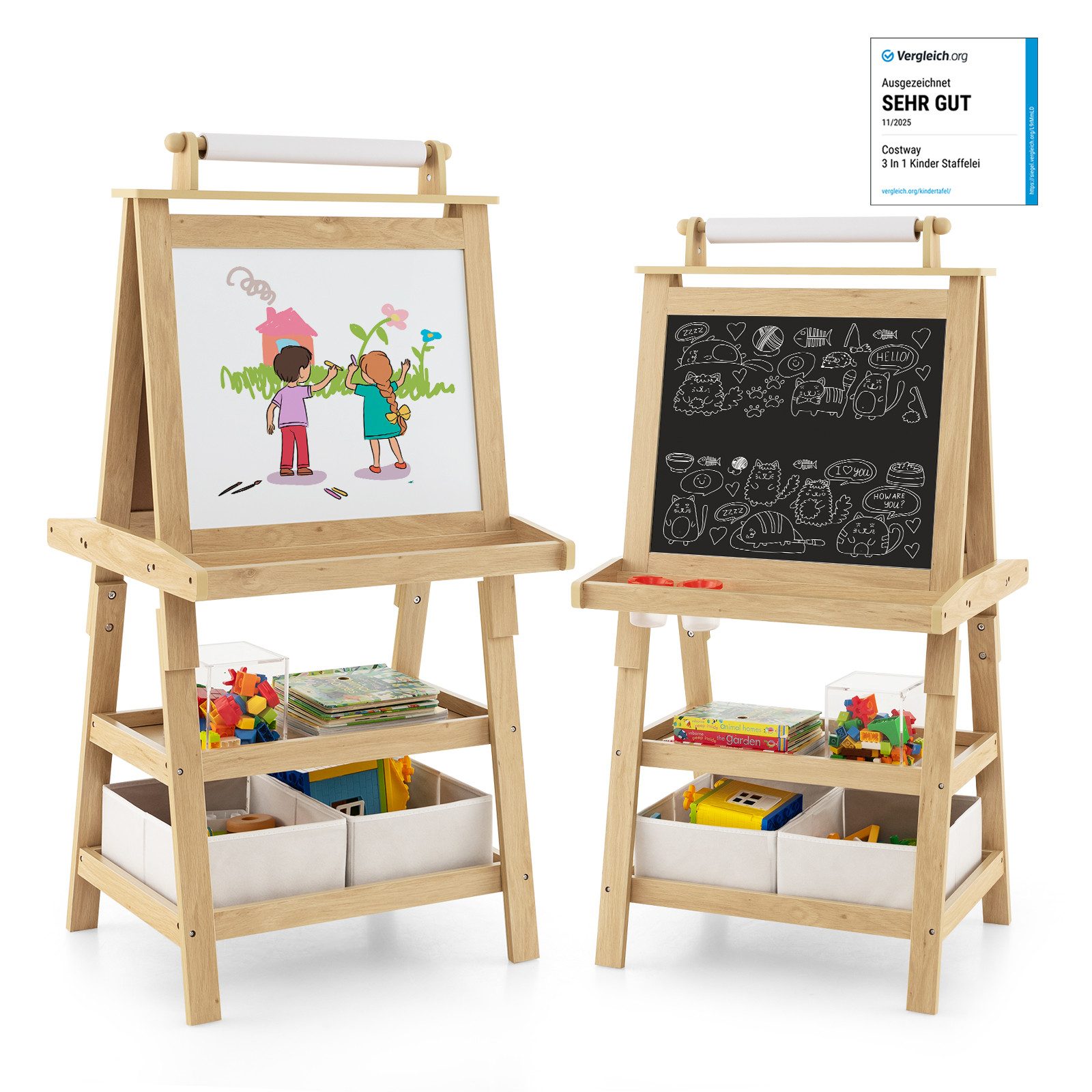 COSTWAY Standtafel Kinder Staffelei, doppelseitig, mit Magneten & 2 Boxen