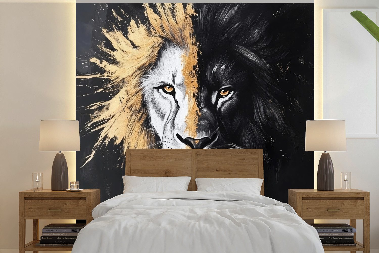 MuchoWow Fototapete Löwe - Split - Schwarz - Linie, Matt, bedruckt, Vliestapete für Wohnzimmer Schlafzimmer Küche, Fototapete, 220x220 cm