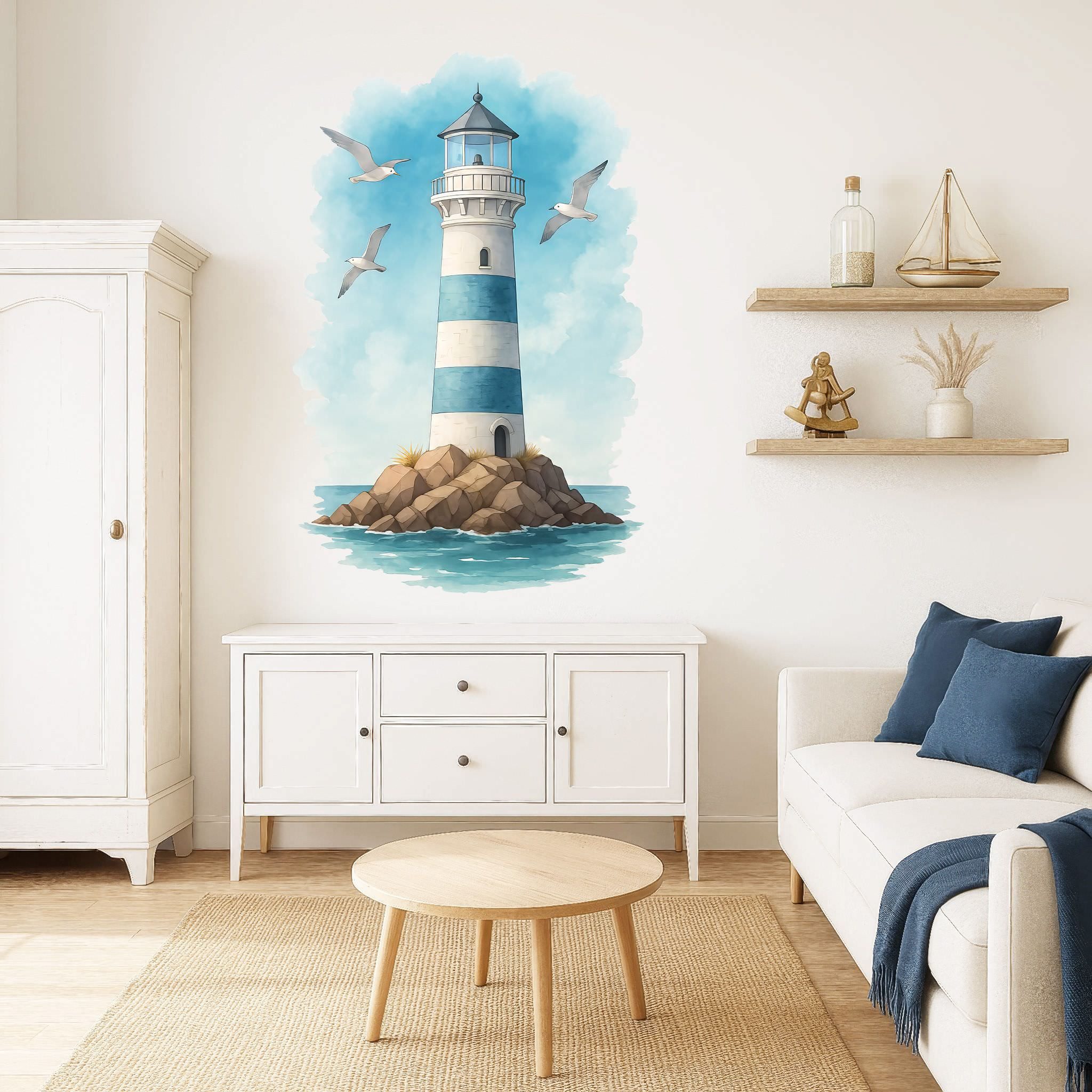 Sunnywall Wandtattoo Aufkleber Maritim Leuchtturm & Möwen – Aquarell blau-weiß, selbstklebend, konturgeschnitten, rückstandslos entfernbar – Bild 5 von 5