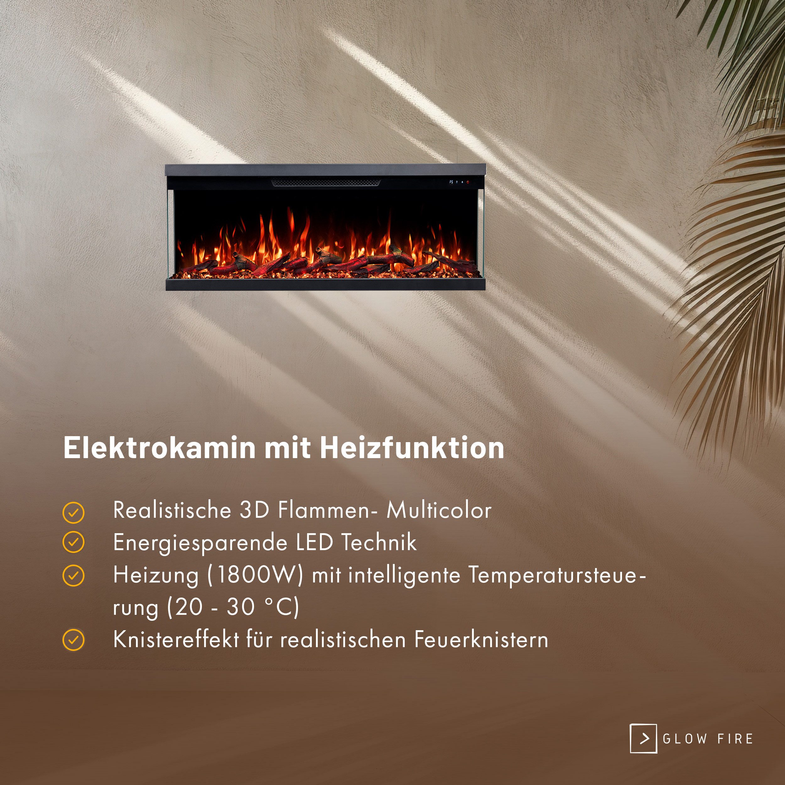 GLOW FIRE Elektrokamin Insert Wandkamin mit 3D Feuer und Heizung (Thermostat, 900- 1800 W), Elektrischer Stand-, Wand- oder Einbaukamin mit APP Steuerung, LED
